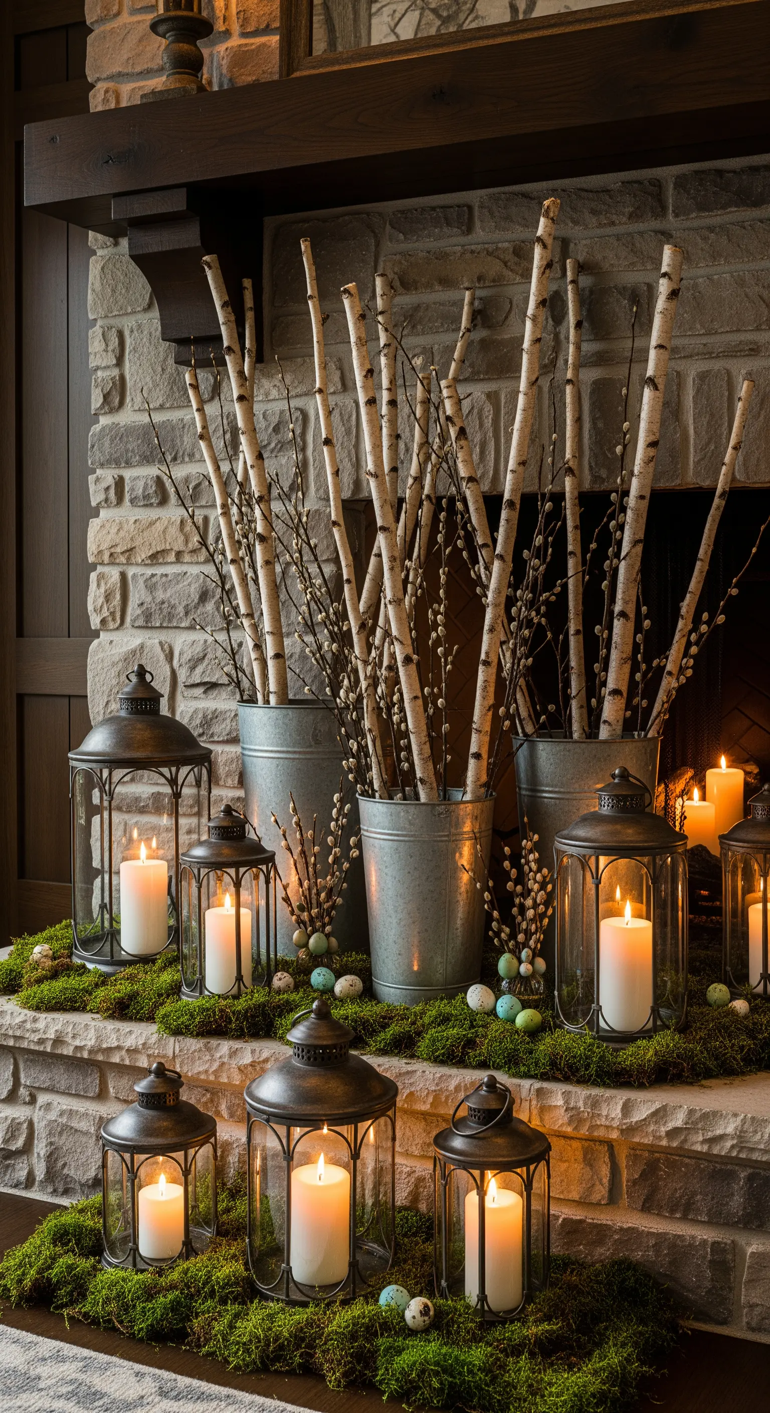 Kaminsims mit Birkenstämmen, Weidenkätzchen, Laternen und Moos