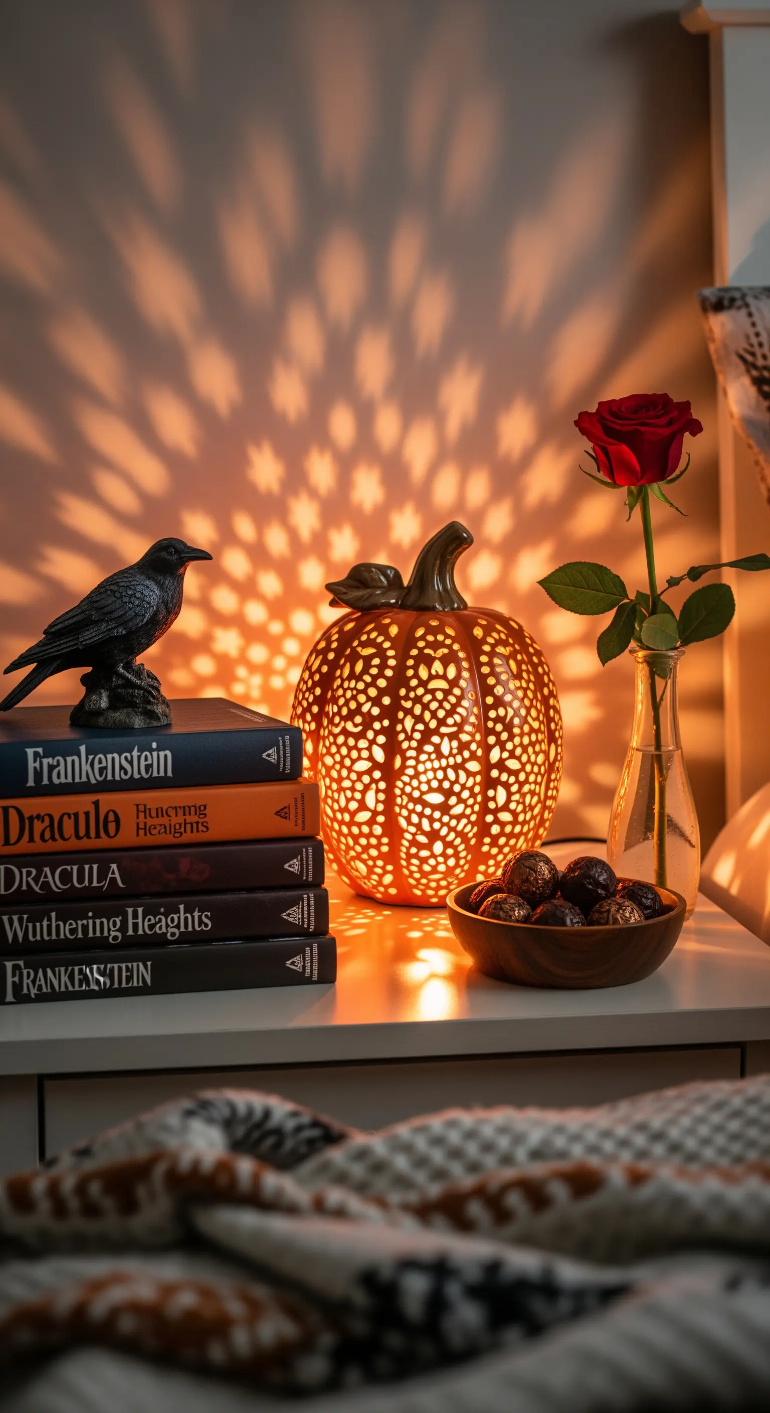 Nachttisch mit Kürbislampe, Gothic-Büchern, Deko-Raben und einer roten Rose in Vase.
