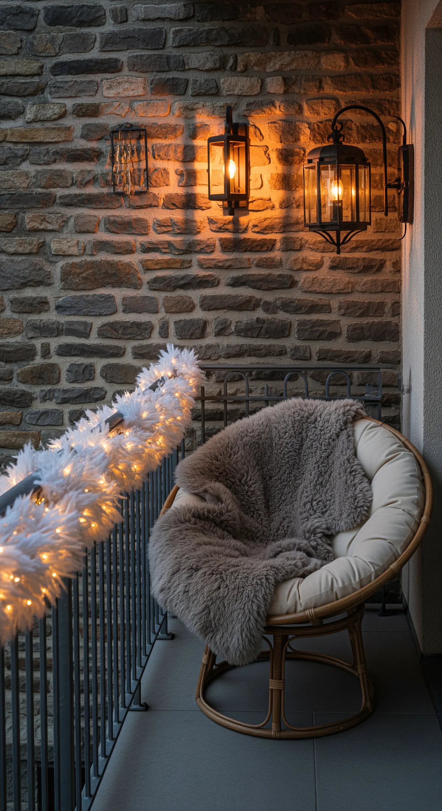 Rattan-Sessel auf Balkon mit Fell, Lichterketten-Girlande und Wandlaternen an Steinwand