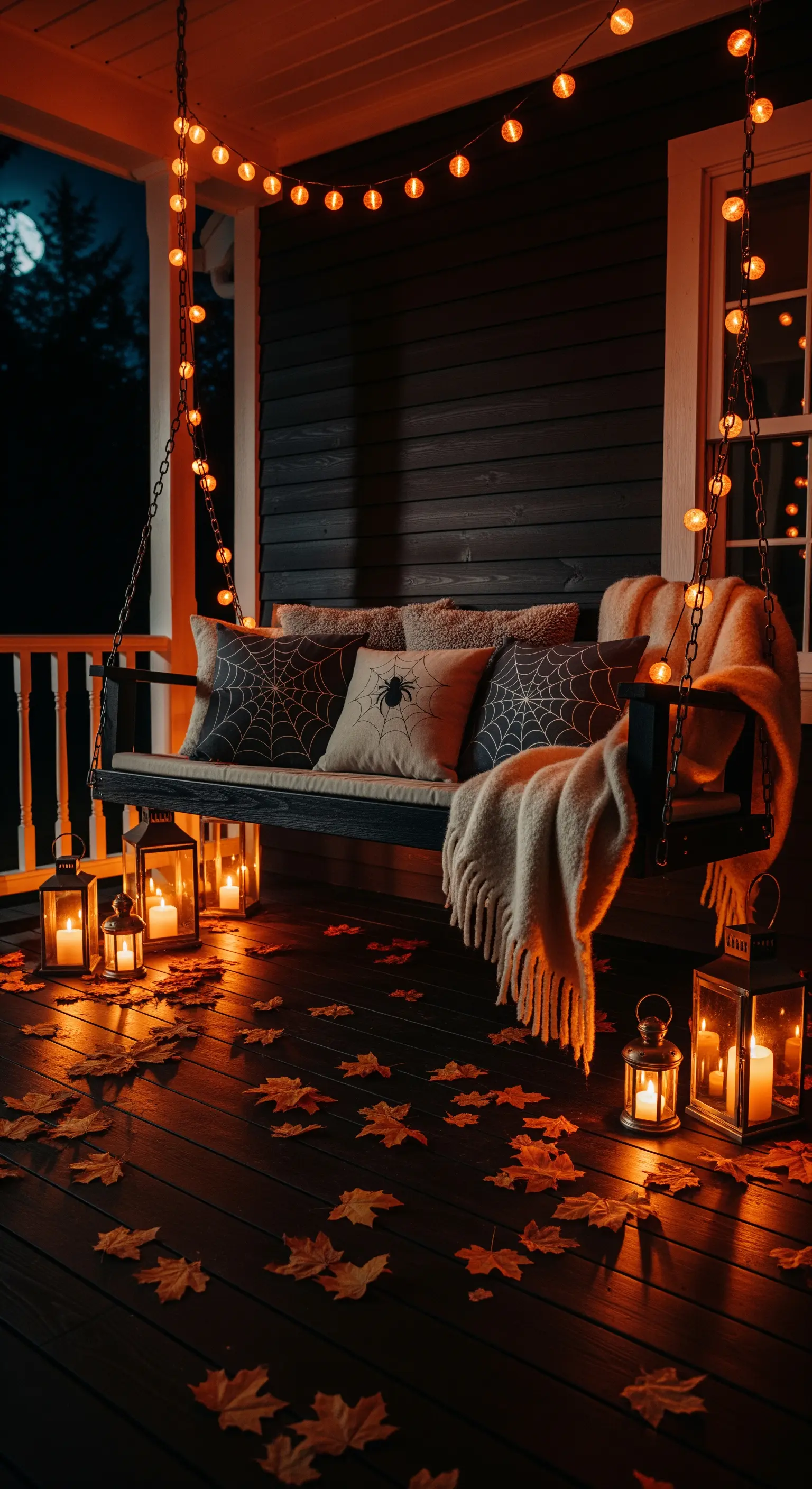 Veranda-Schaukel mit Halloween-Kissen, Decken, Lichterketten und Laternen