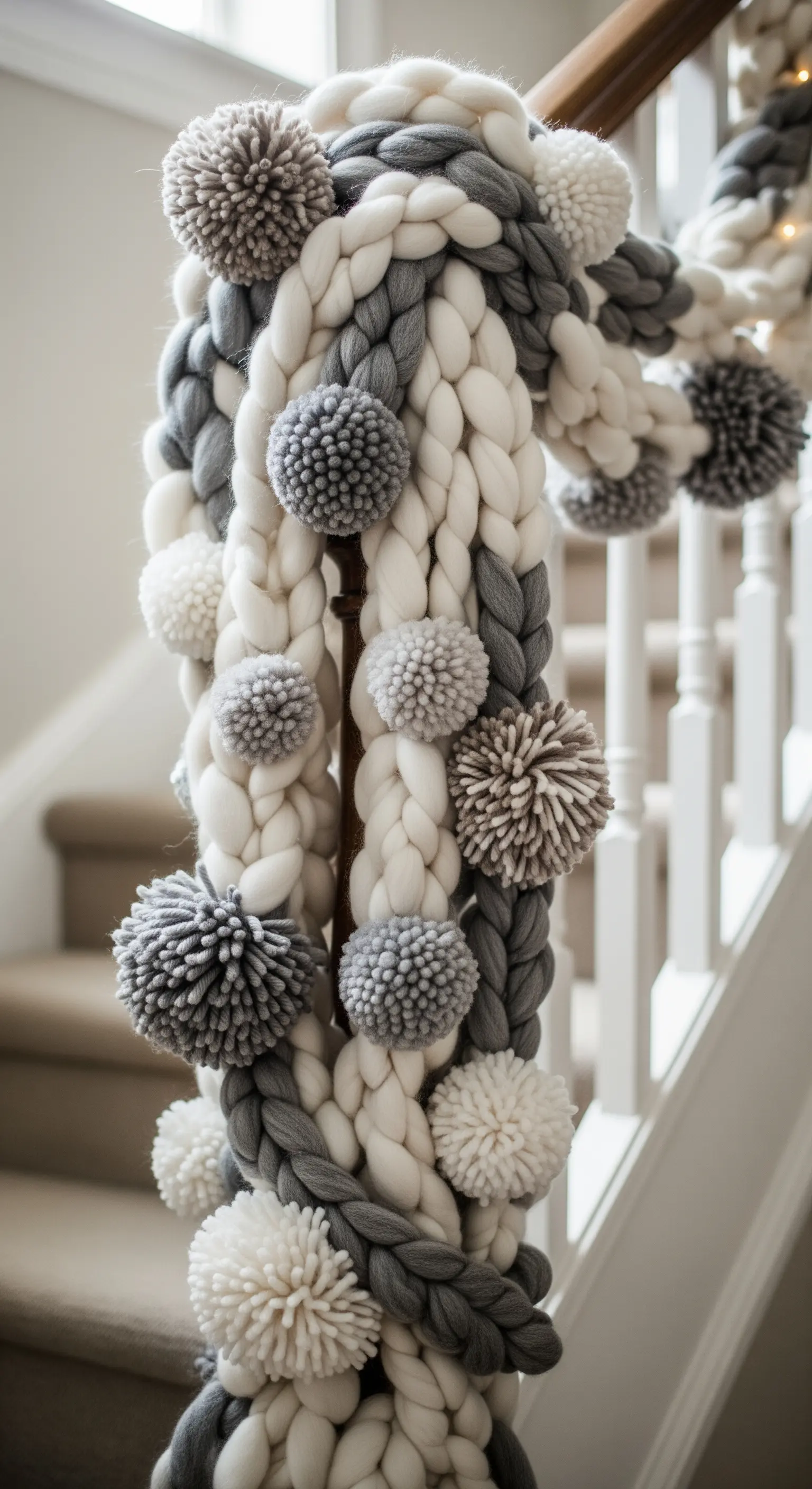 Chunky Strickgirlande in Grau/Weiß mit Pompons auf weißem Treppengeländer.