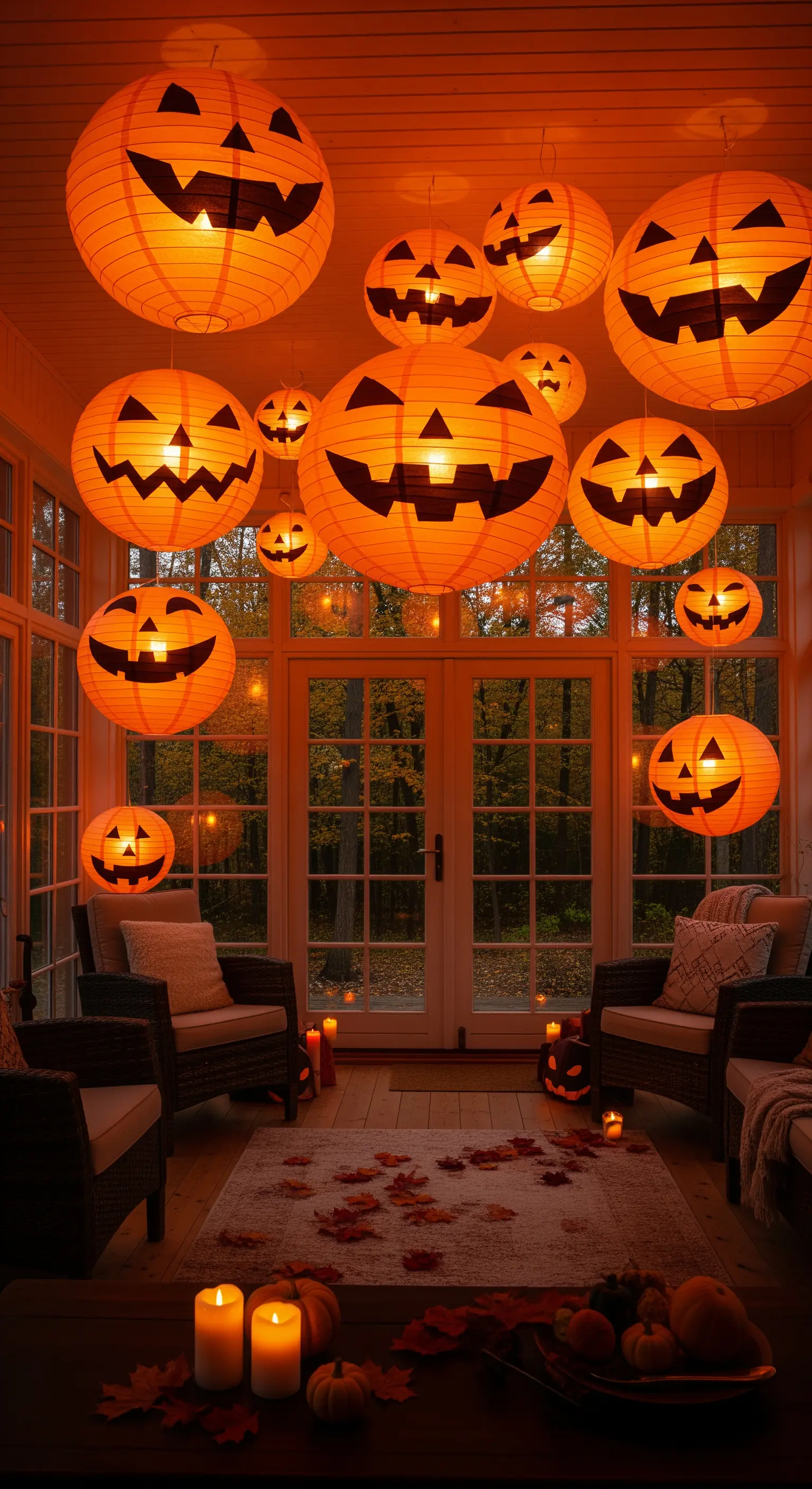 Wintergarten mit hängenden Kürbis-Laternen, Bodenkerzen und Decken