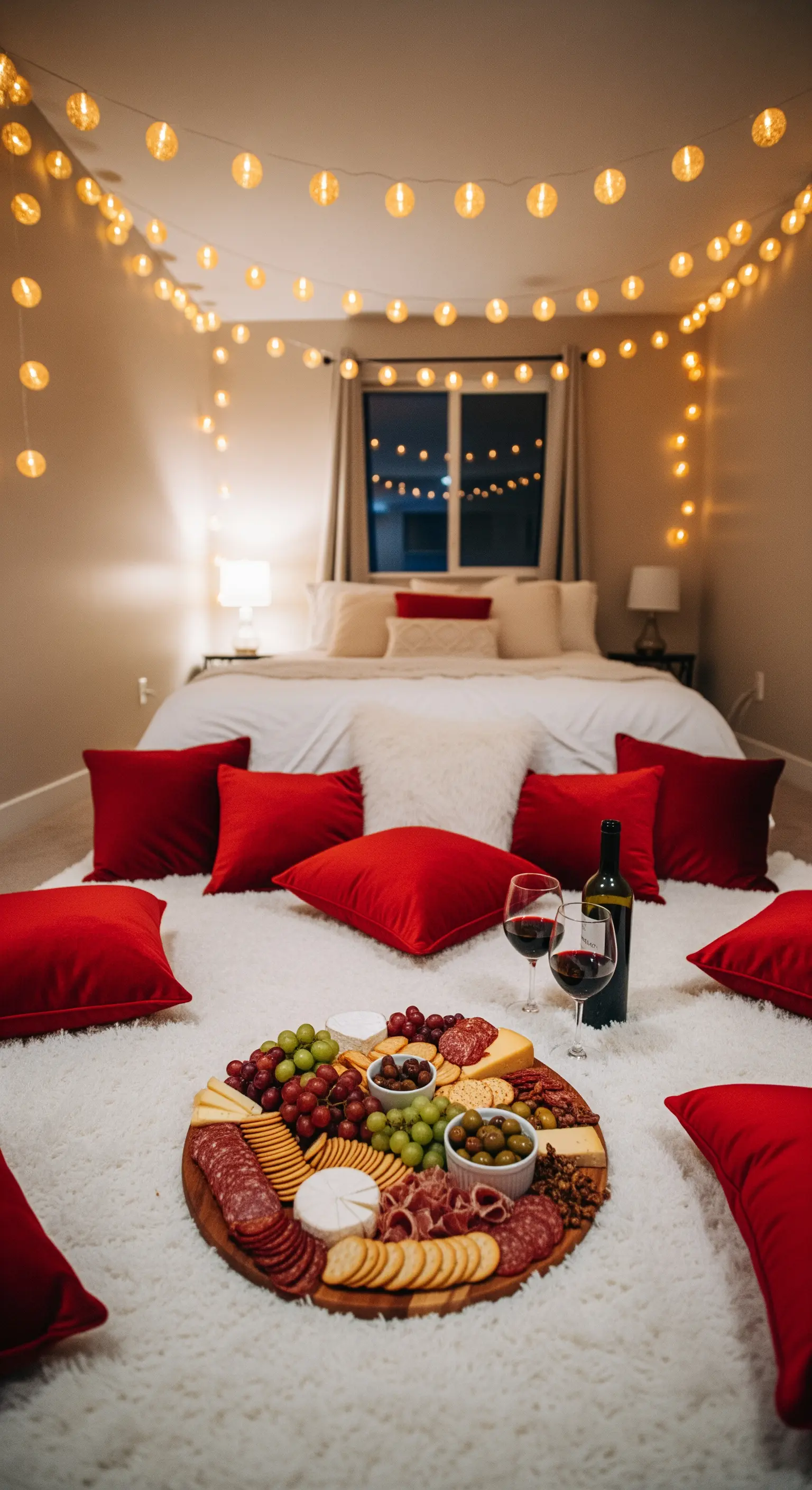 Gemütliches Schlafzimmer mit Boden-Picknick, Lichterketten und Snacks