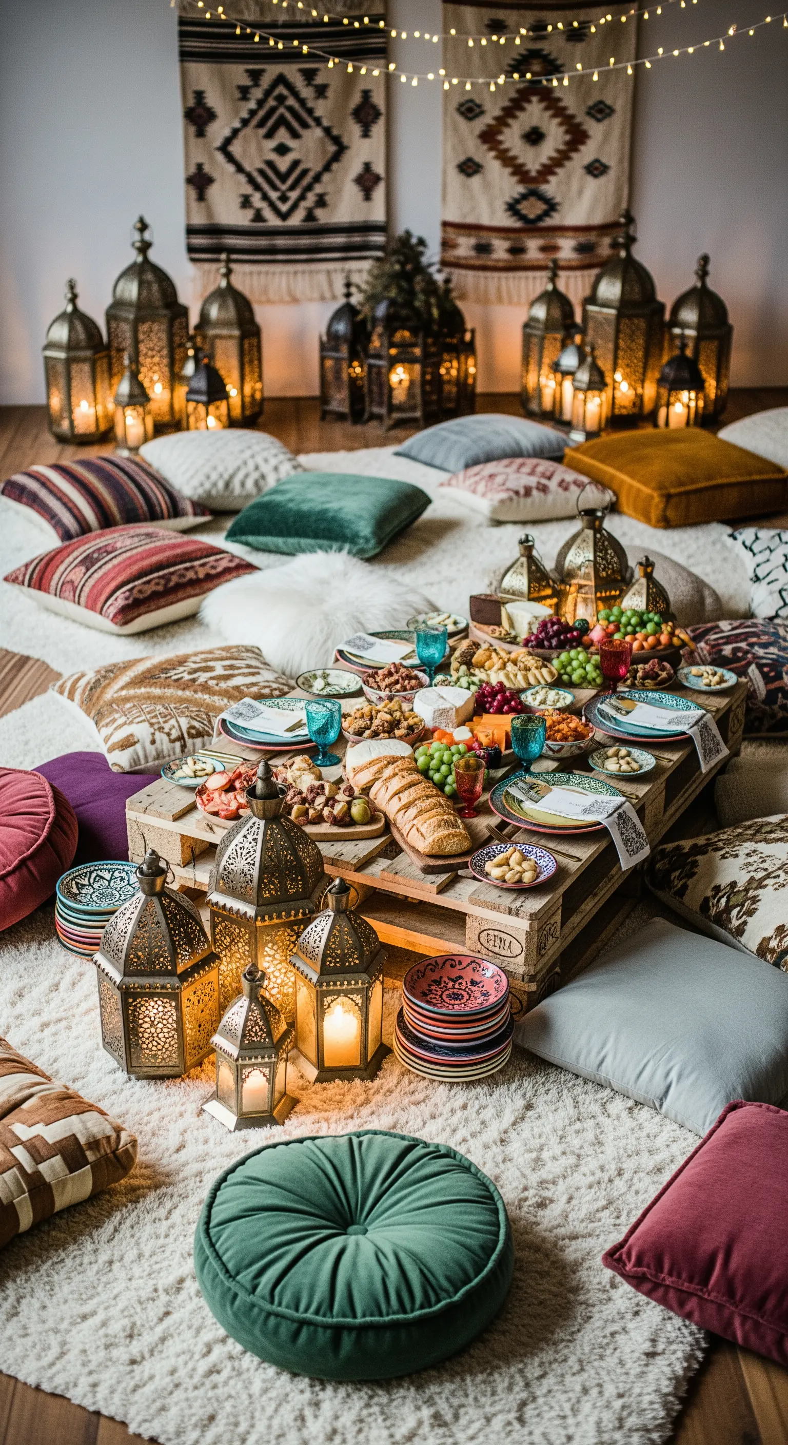 Boden-Picknick im Boho-Stil mit Palettentisch, vielen Kissen, Laternen und Decken.