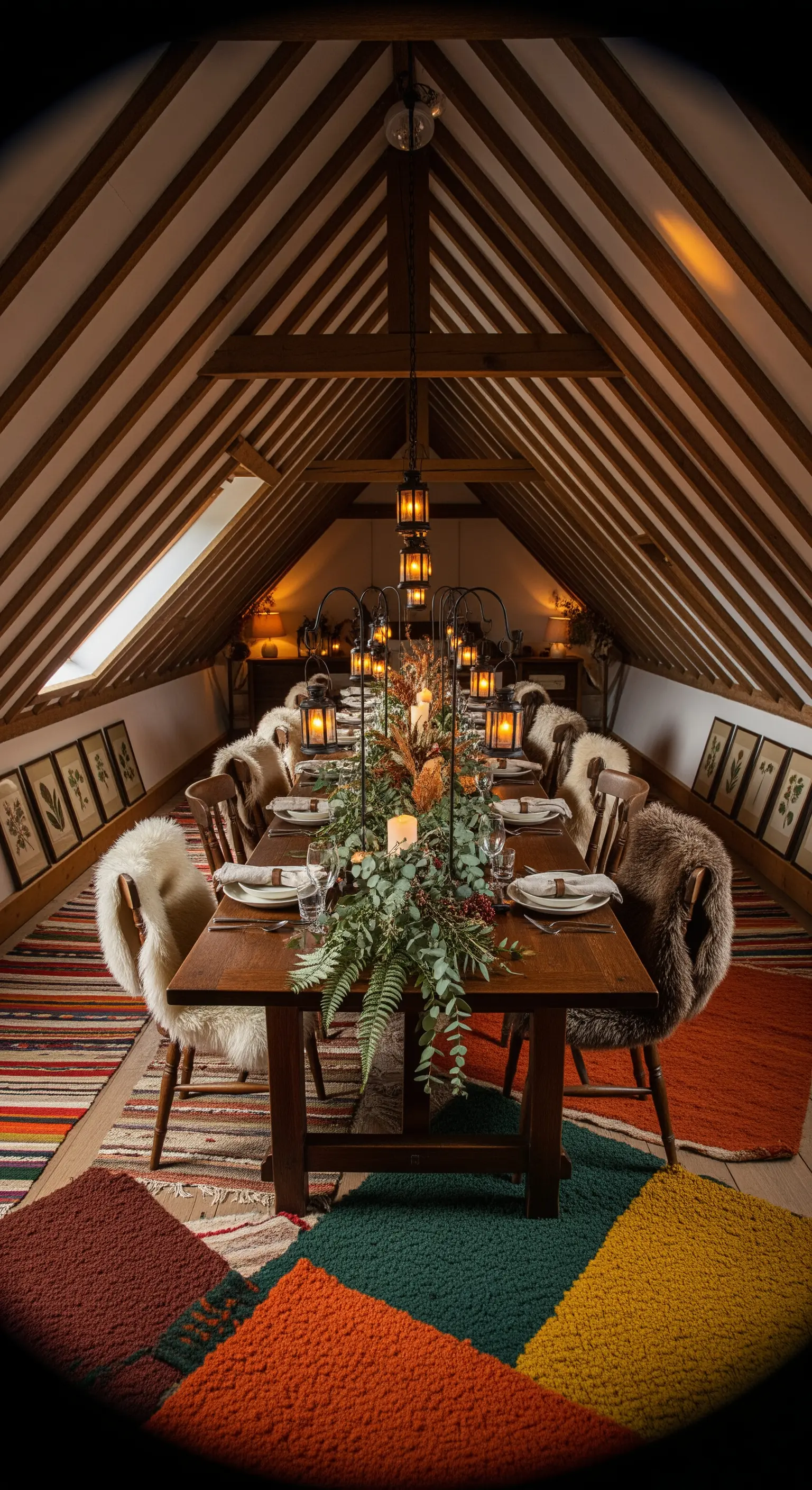 Dachzimmer-Tafel, Schafsfelle, Eukalyptus-Läufer, Laternen, bunte Teppiche für rustikal-gemütliches Dinner.