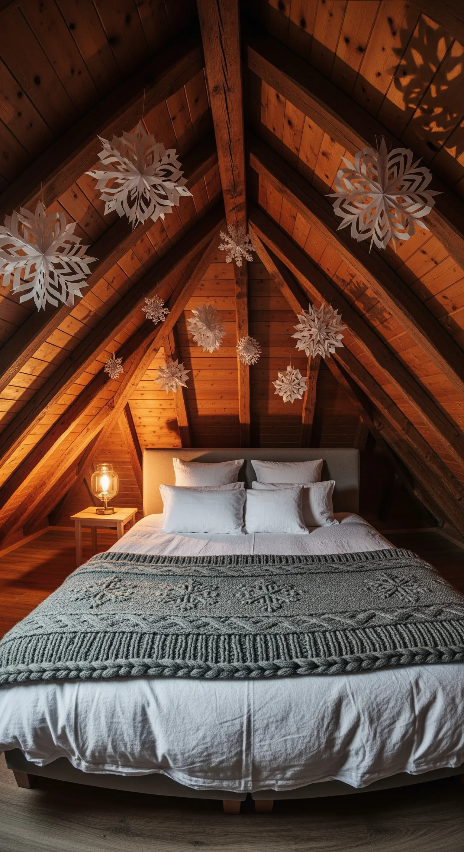 Dachzimmer mit Holzbalken, hängenden Papier-Schneeflocken und einem gemütlichen Bett mit Strickdecke