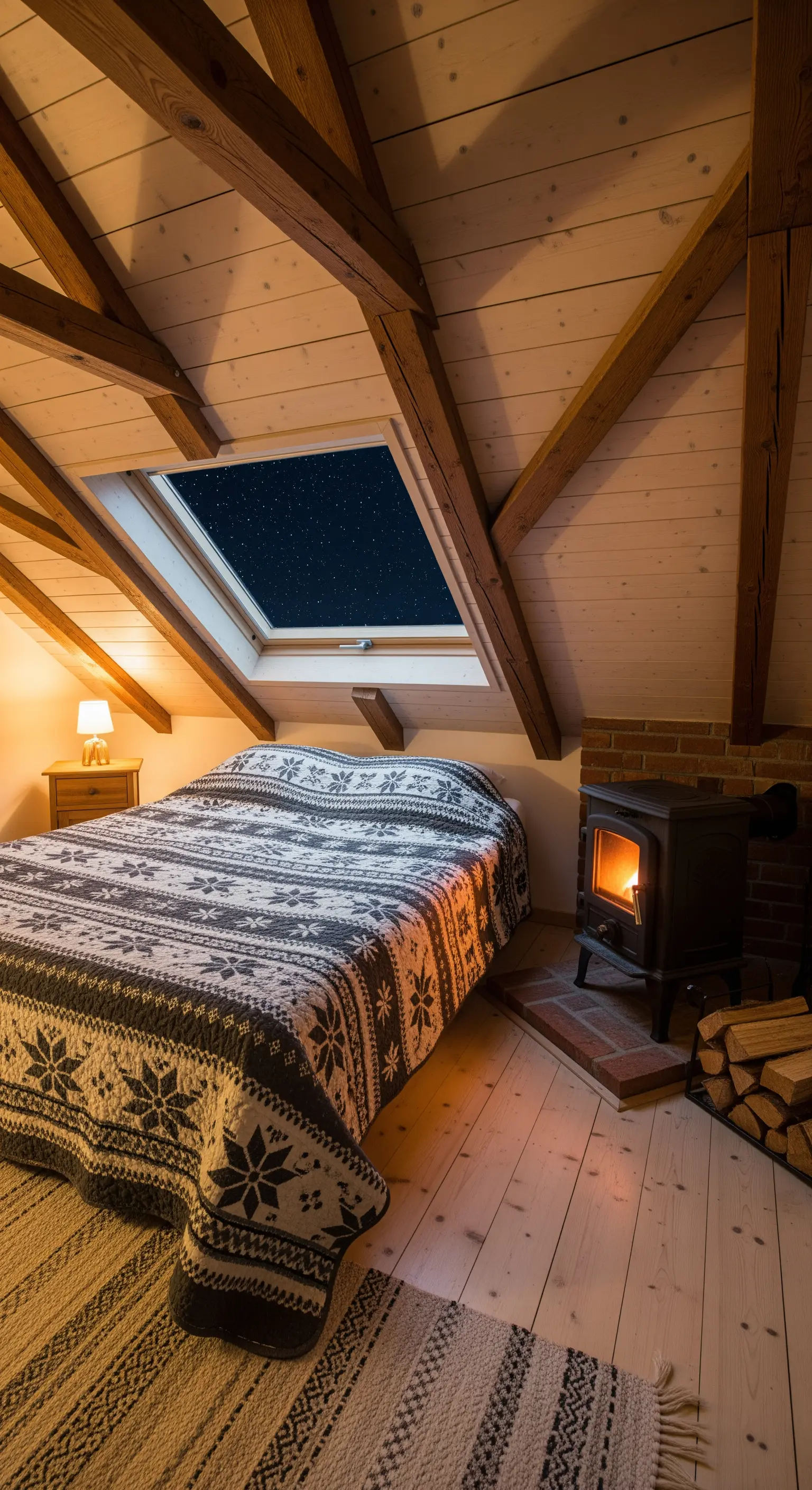 Dachzimmer mit Holzdecken, Kaminofen, gemusterter Decke und Sternenhimmel-Fenster.