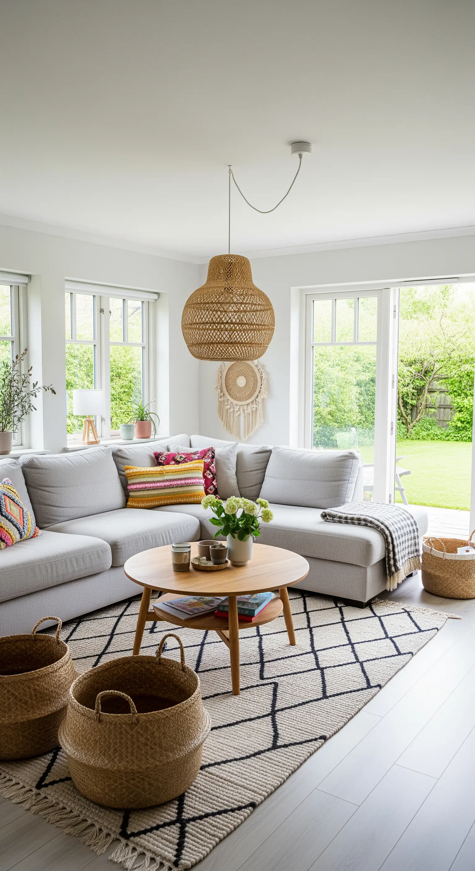 Ecksofa, runder Holztisch, Rattanleuchte, geflochtene Körbe