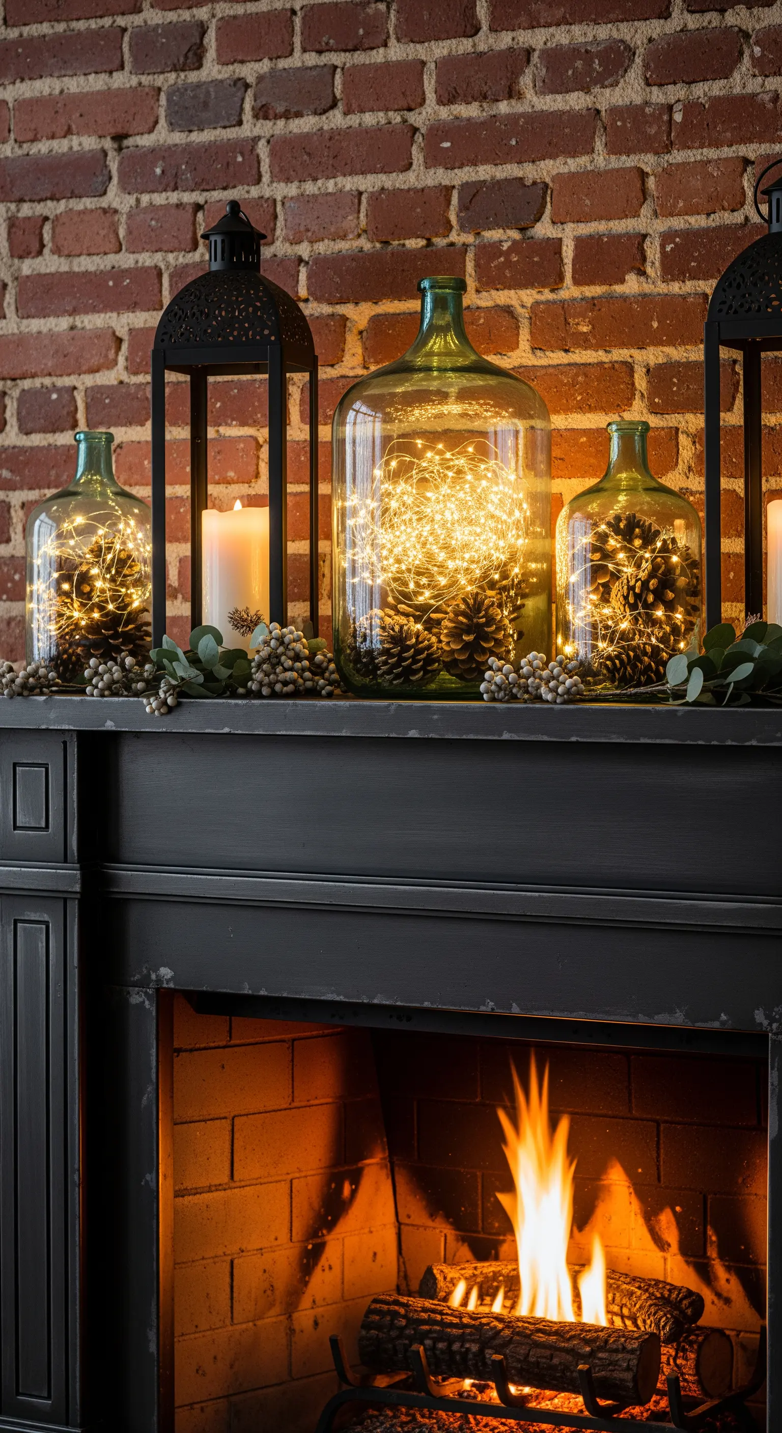 Backsteinkamin mit Lichterketten in Gläsern, Tannenzapfen und schwarzen Laternen