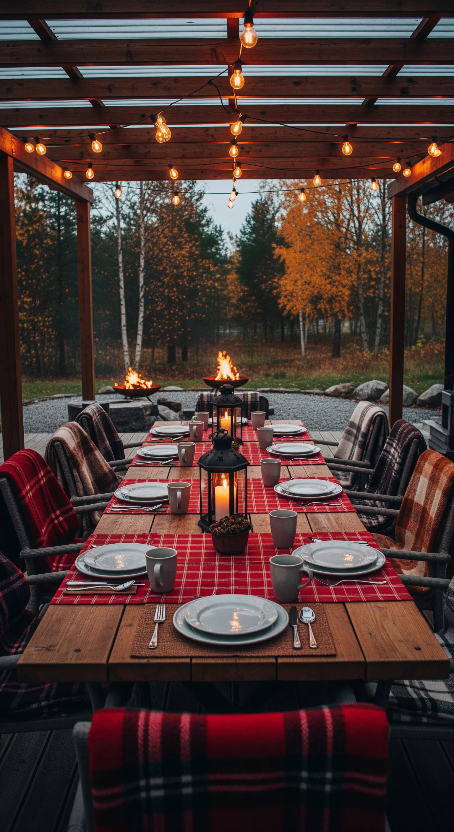 Outdoor Herbst-Dinner, karierte Decken, Laternen, Lichterketten, Feuerstellen.