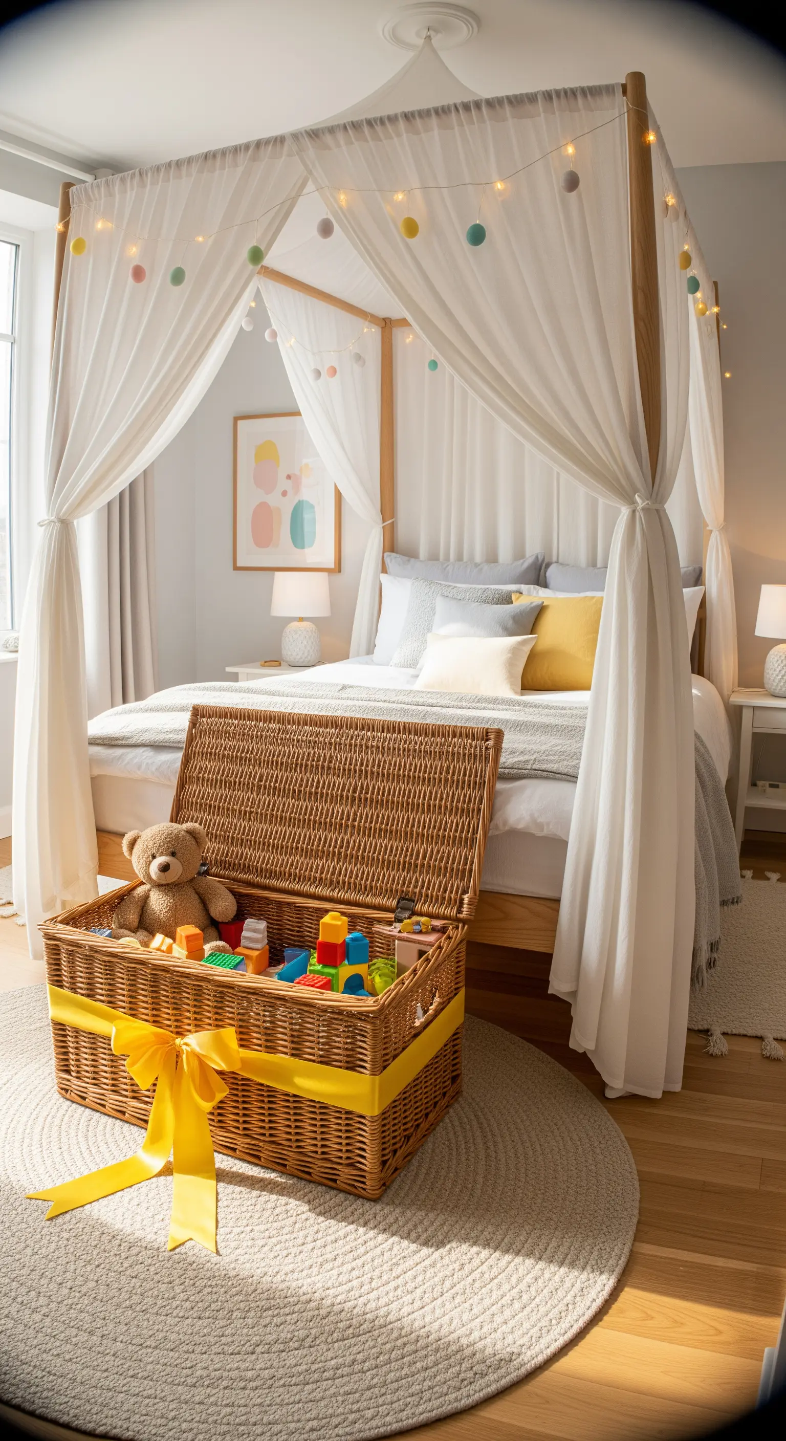 Himmelbett mit Lichterkette und Spielzeugtruhe im Kinderzimmer.