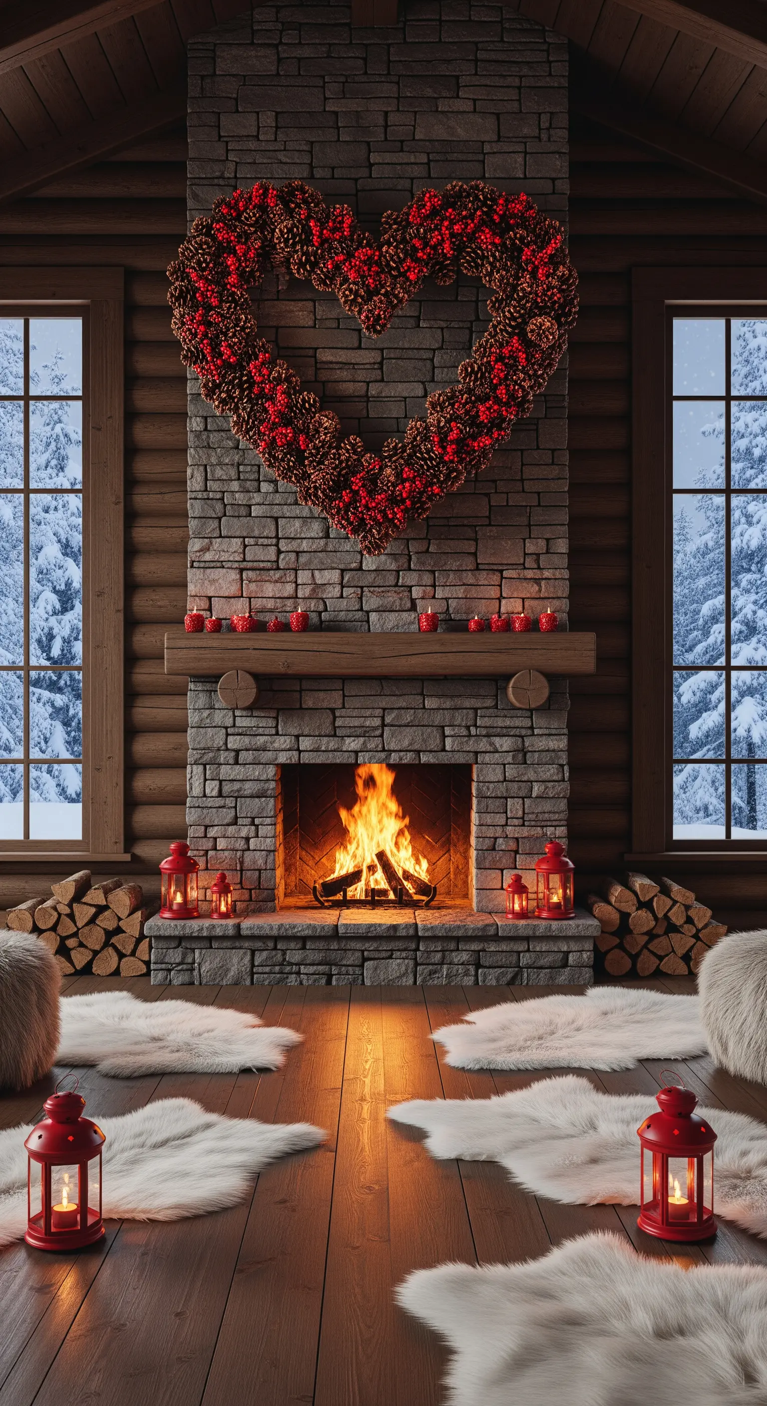 Rustikaler Kamin, Zapfen-Herz-Kranz, rote Laternen, Kunstfelle, Brennholz