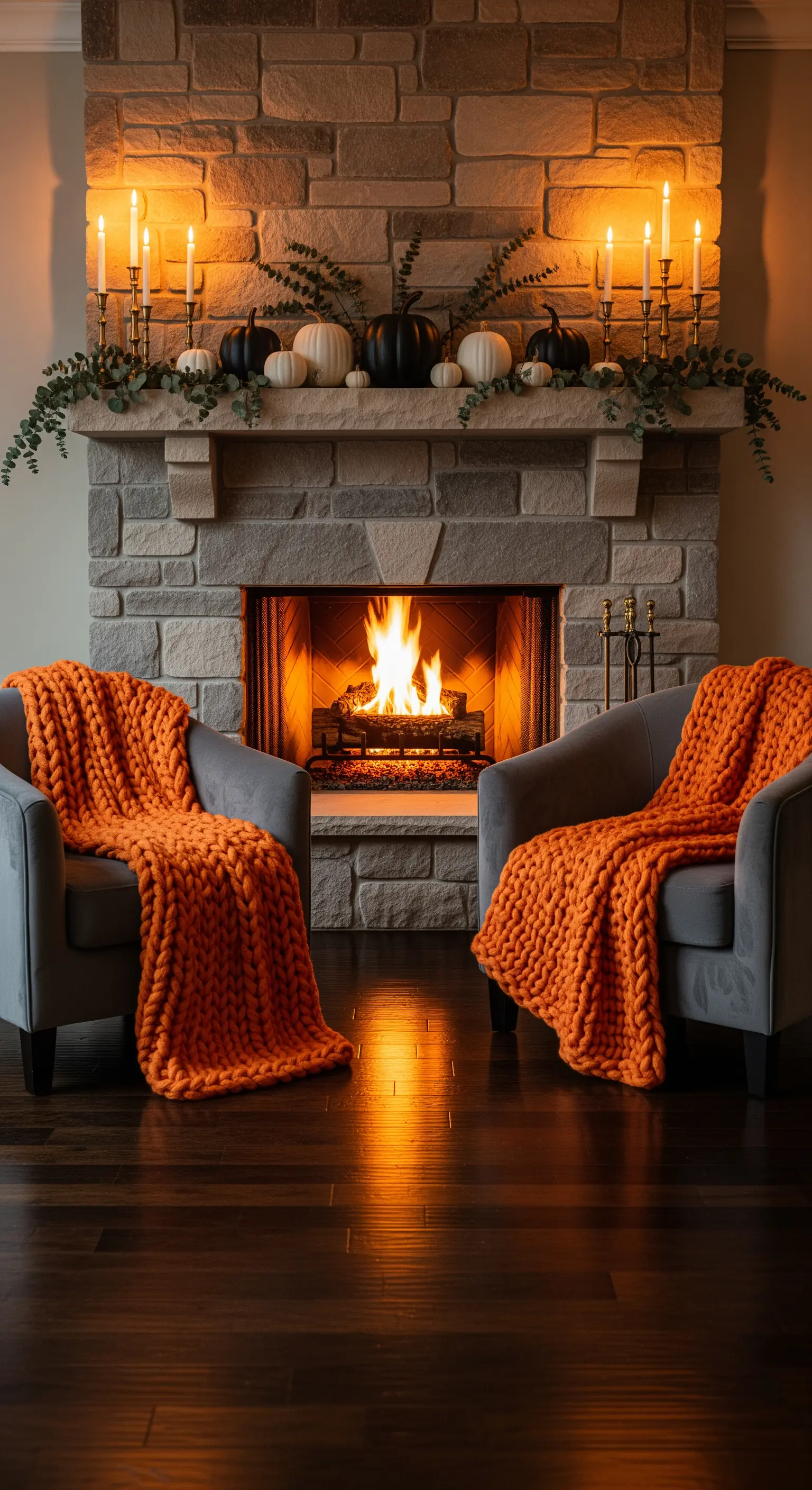 Kaminumrandung mit schwarzen und weißen Kürbissen, Eukalyptus, Kerzen und orangefarbenen Decken.