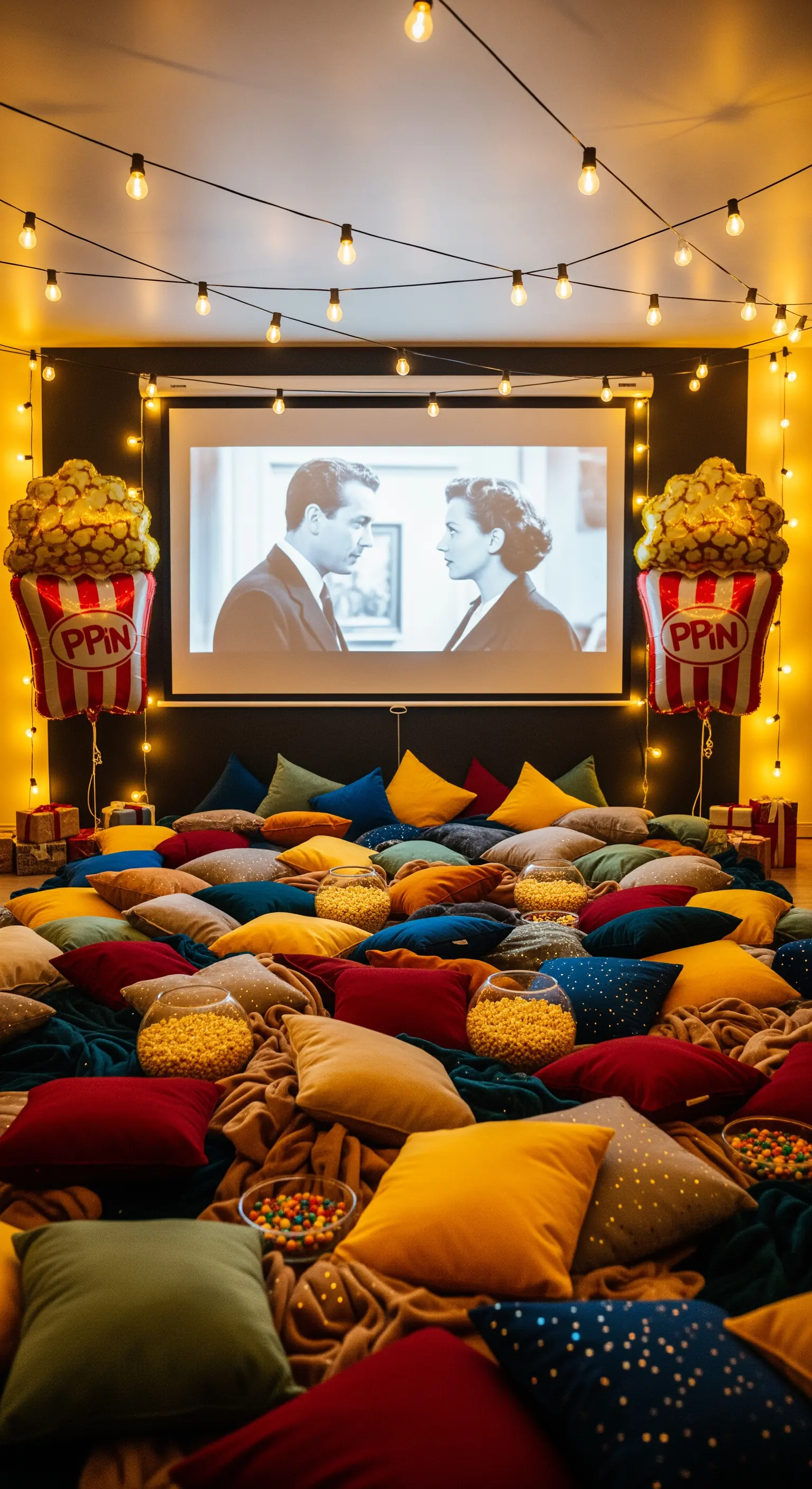 Indoor-Kino mit vielen Kissen, Lichterketten und Popcorn-Ballons.