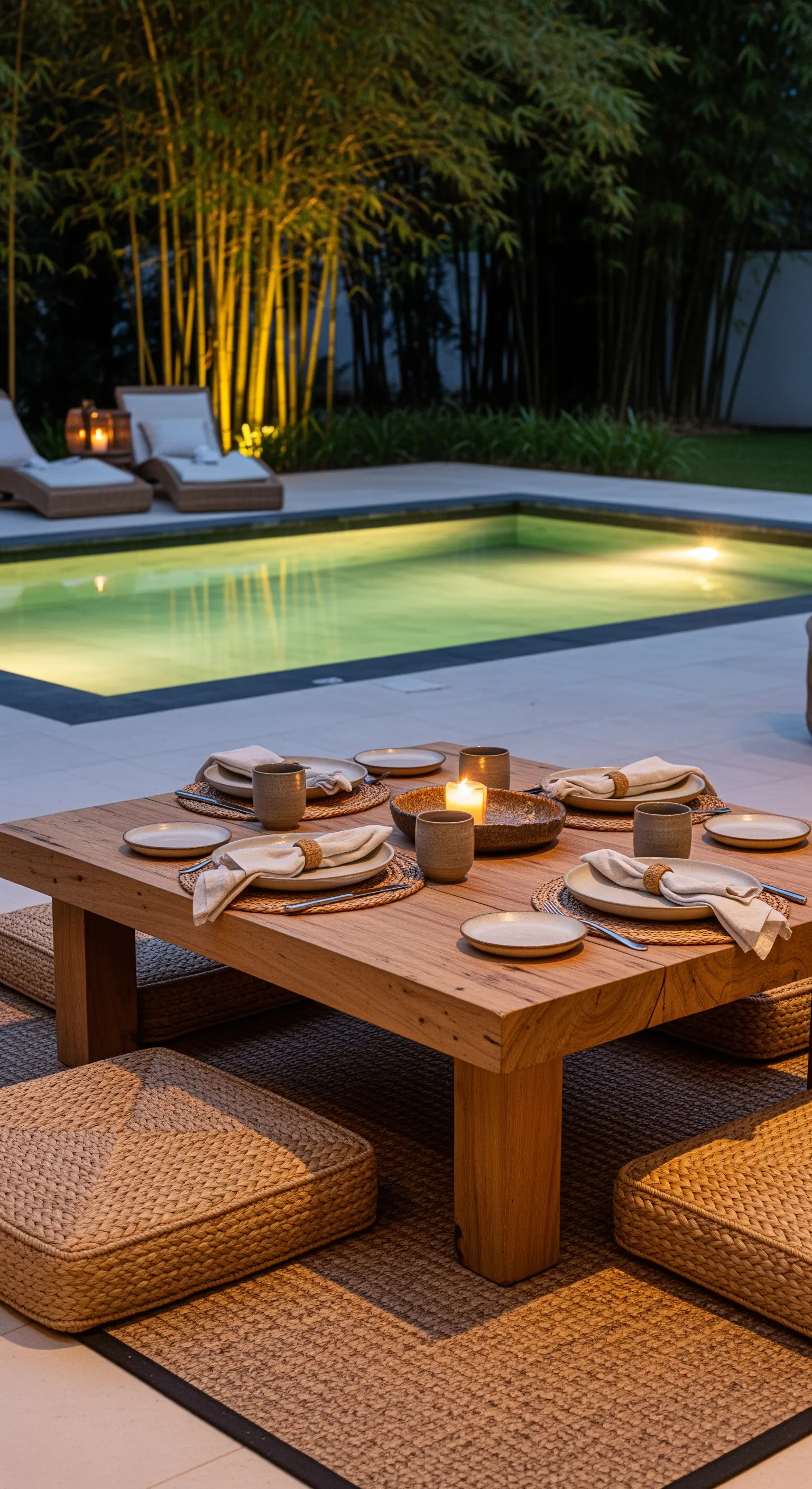 Niedriger Holztisch mit Bodenkissen und Strohmatte am beleuchteten Pool bei Nacht