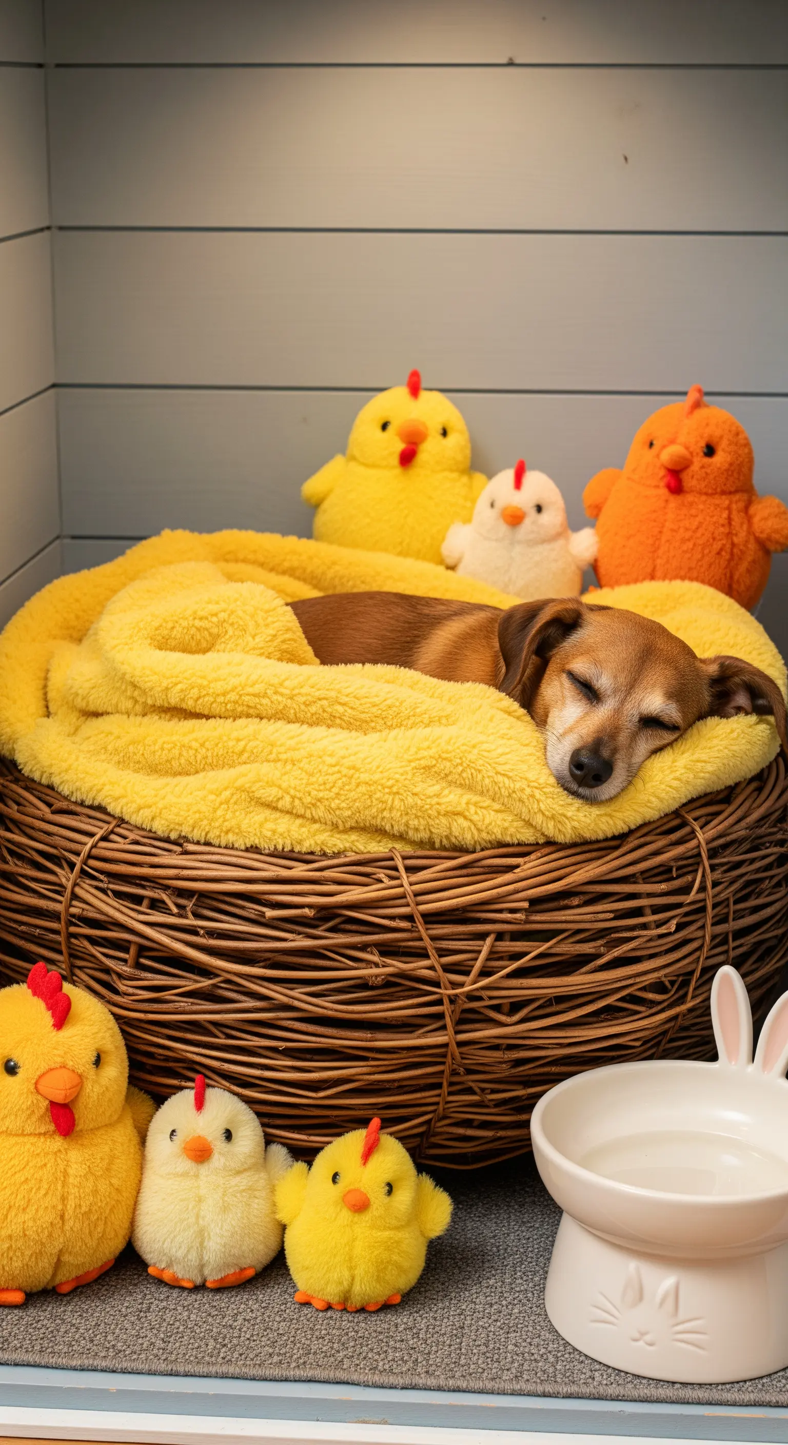 Dog sleeping in a basket nest with yellow blanket and plush chicks.