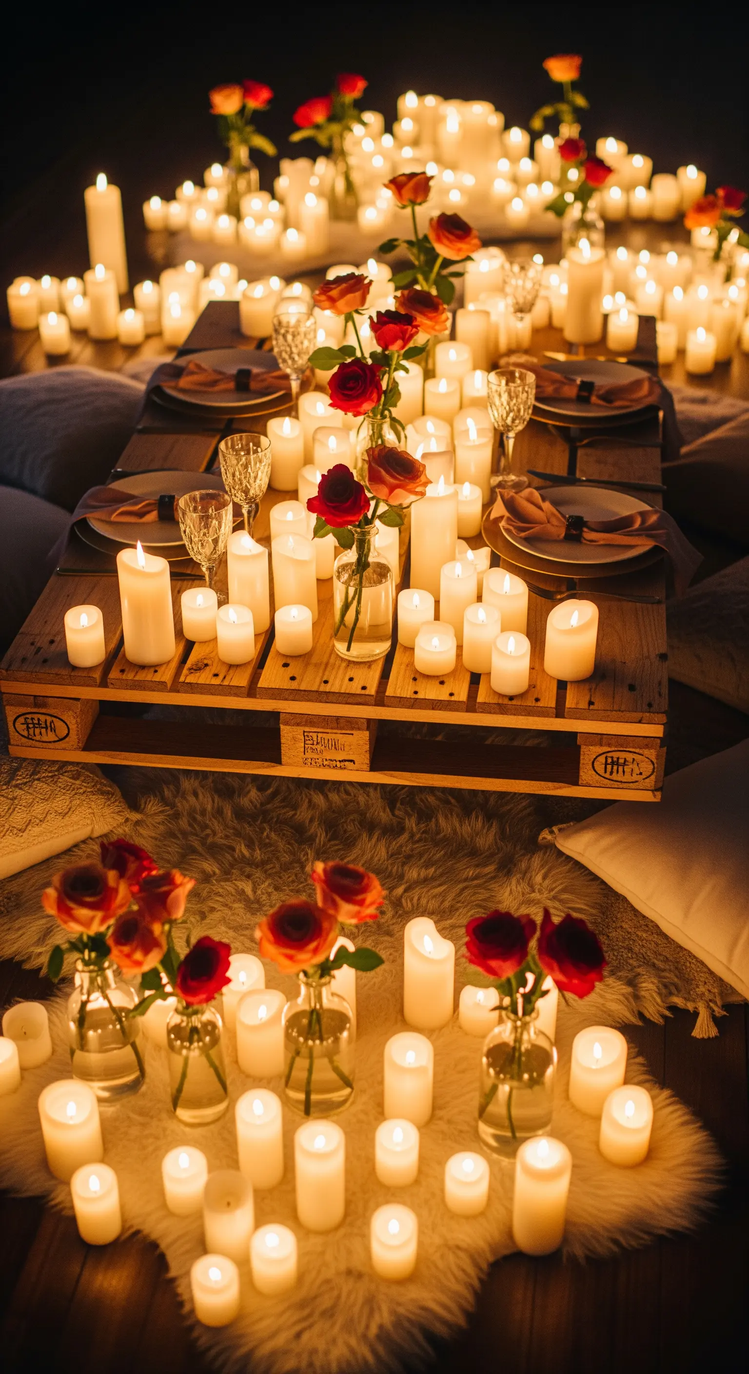 Gemütliches Boden-Picknick mit einem Palettentisch und einem Meer aus Kerzen.