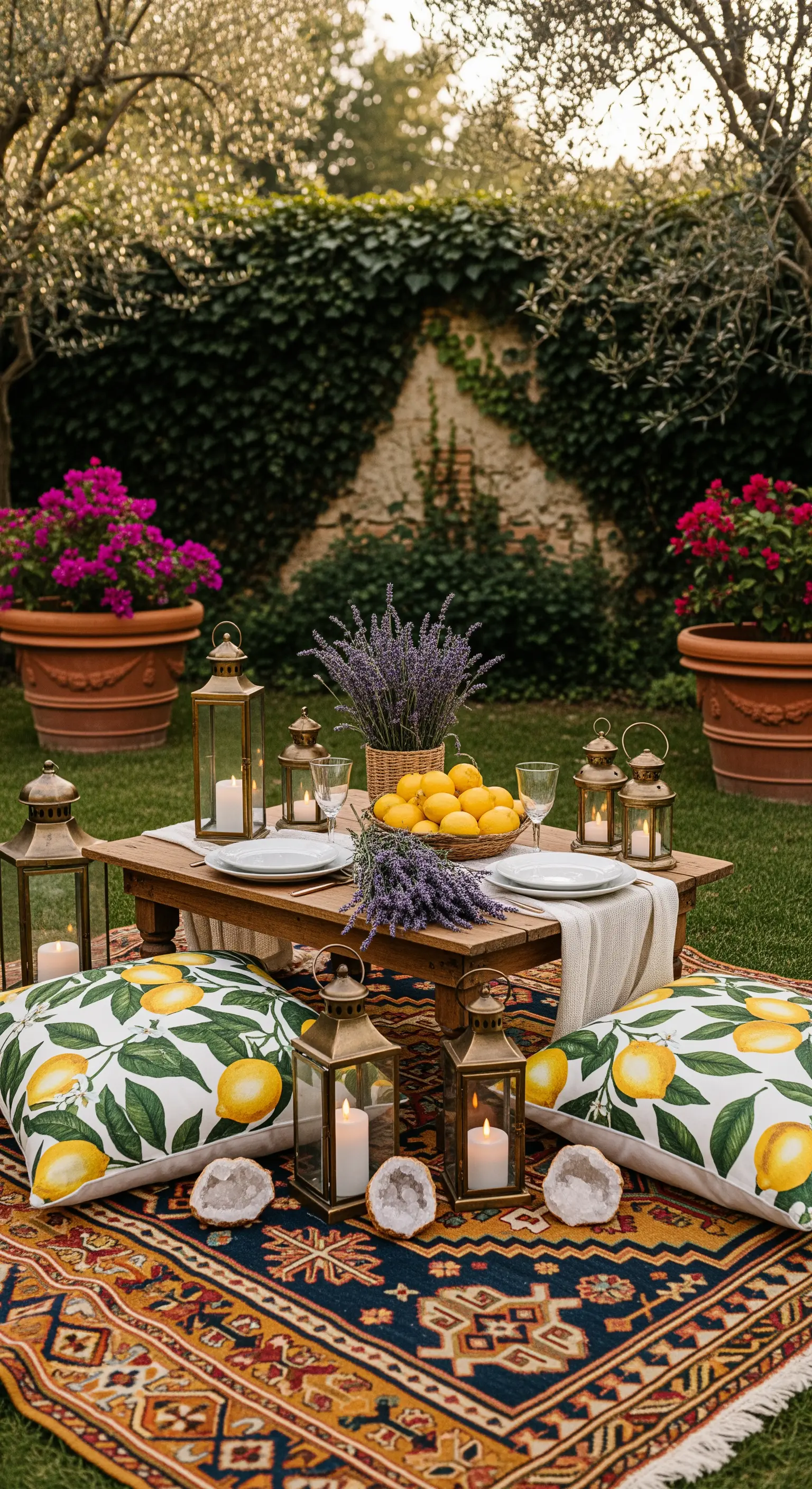 Bodenpicknick mit Zitronen-Kissen, Laternen und Lavendel im Garten