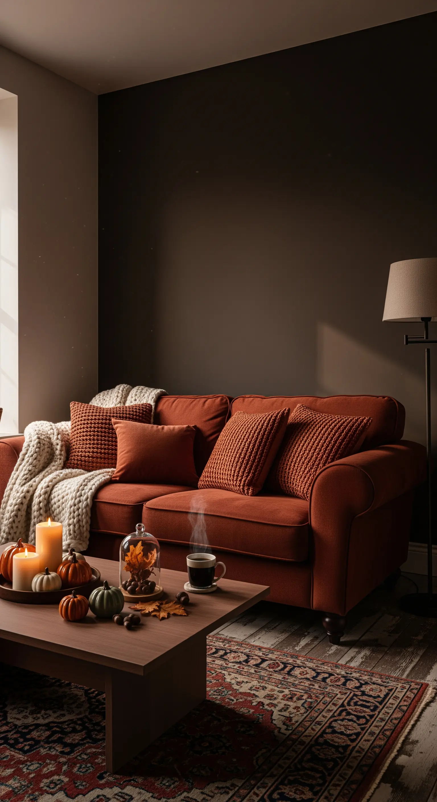 Rostrot-Sofa mit Strickdecke, Kissen und Couchtisch mit Kerzen und Kürbissen