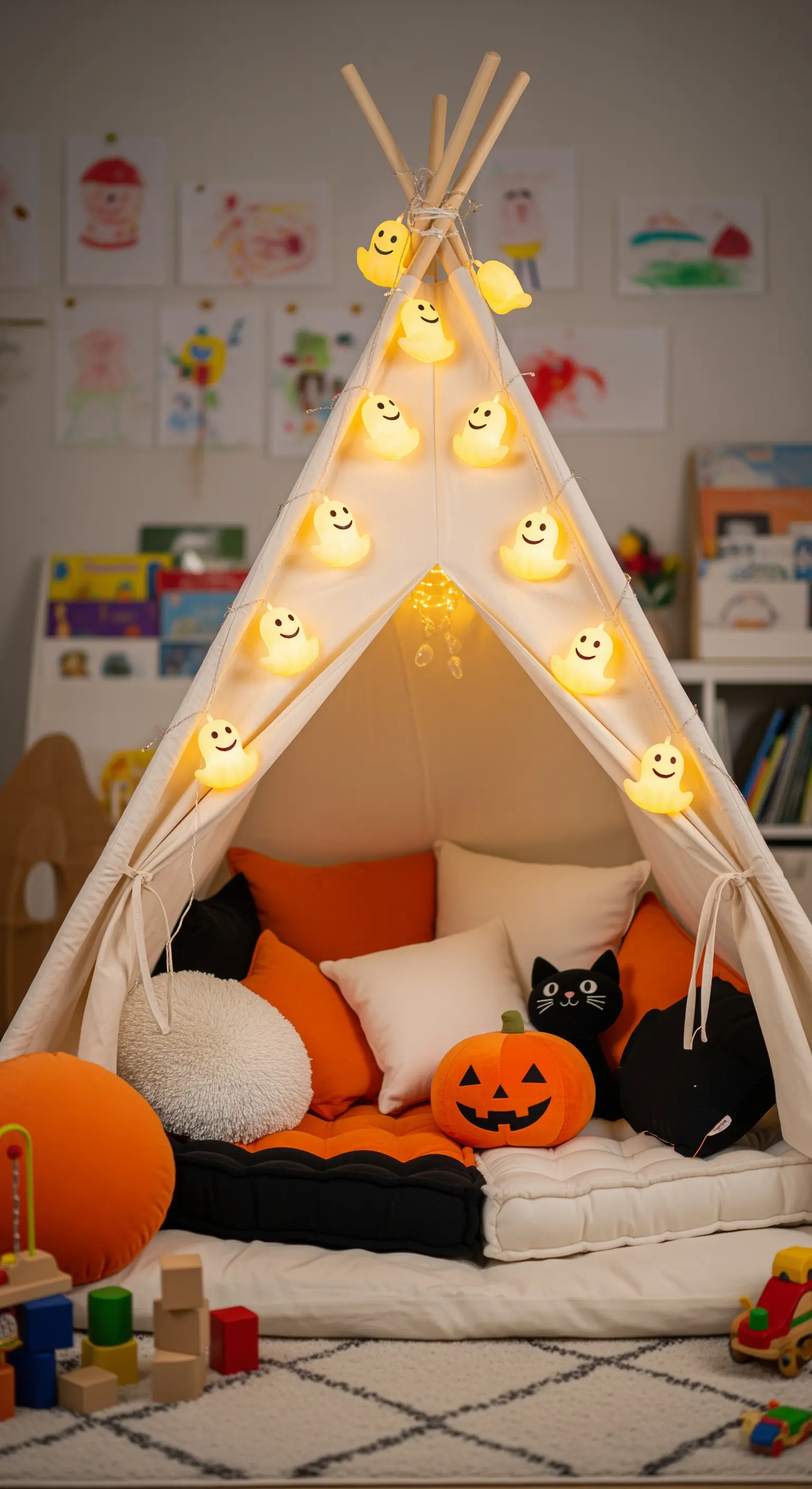 Ein beiges Spiel-Tipi, dekoriert mit einer Geister-Lichterkette und gefüllt mit Halloween-Kissen.