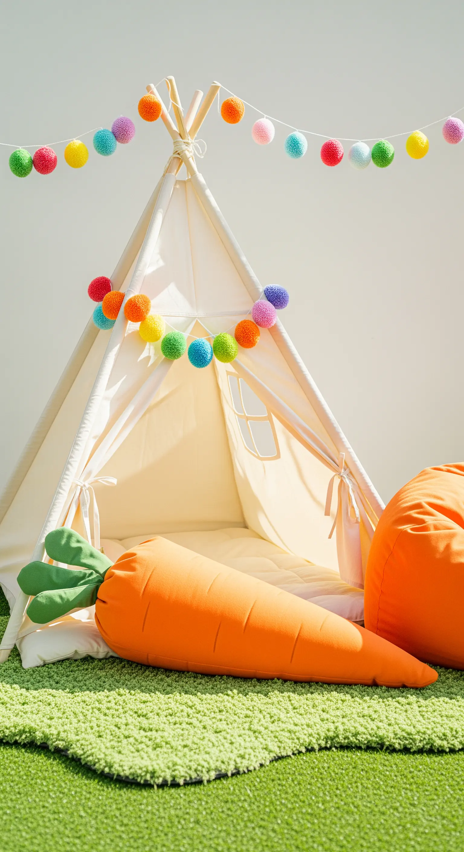 Tipi mit Pompon-Girlanden und Karottenkissen.