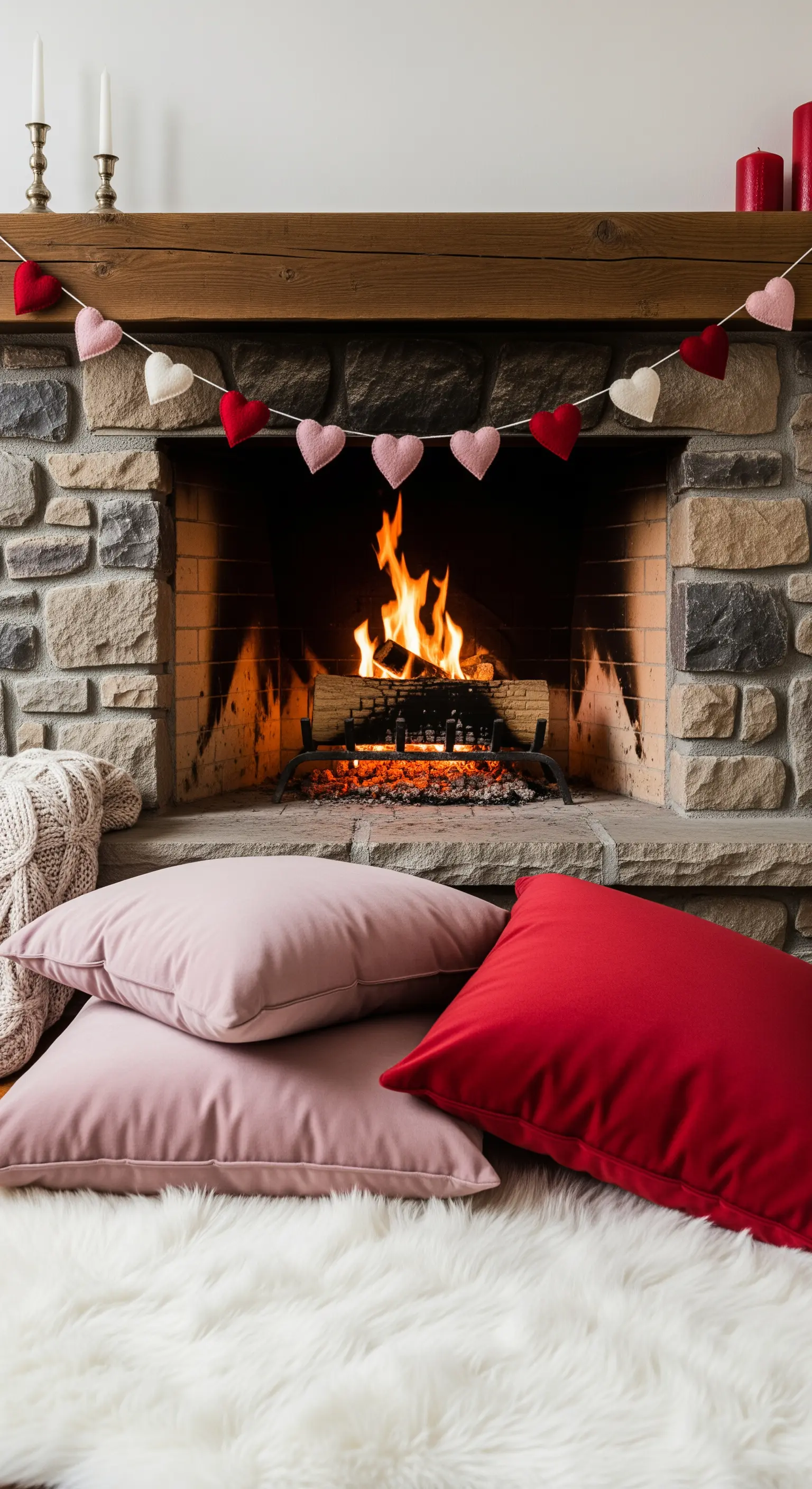 Rustikaler Steinkamin mit Herzgirlande, Kissen und Kunstfell vor brennendem Feuer.