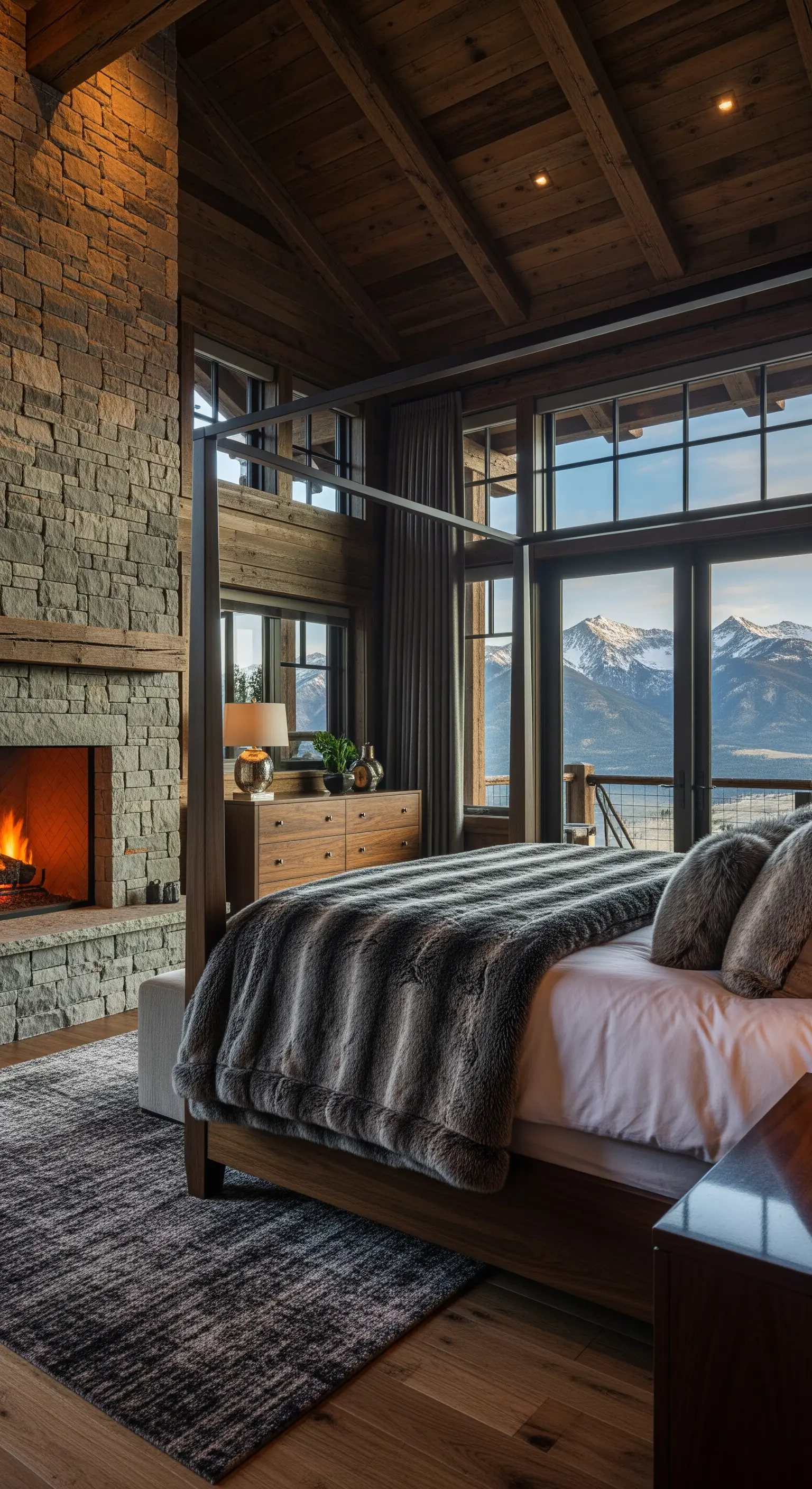 Steinkamin, Pelzdecke, Holzdecke, Bergblick