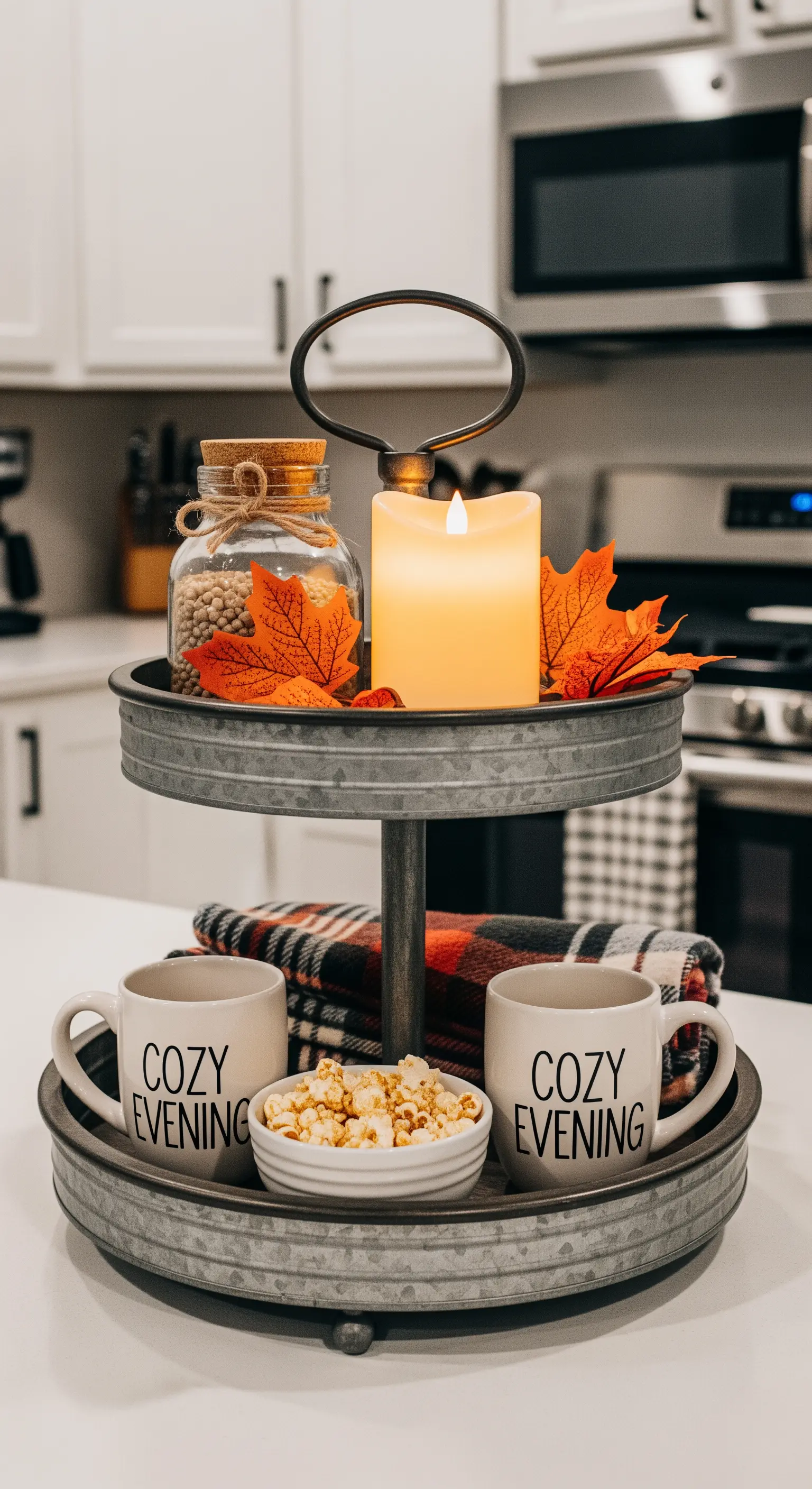 Gemütliche Herbst-Etagere mit Kerze, Tassen und Popcorn