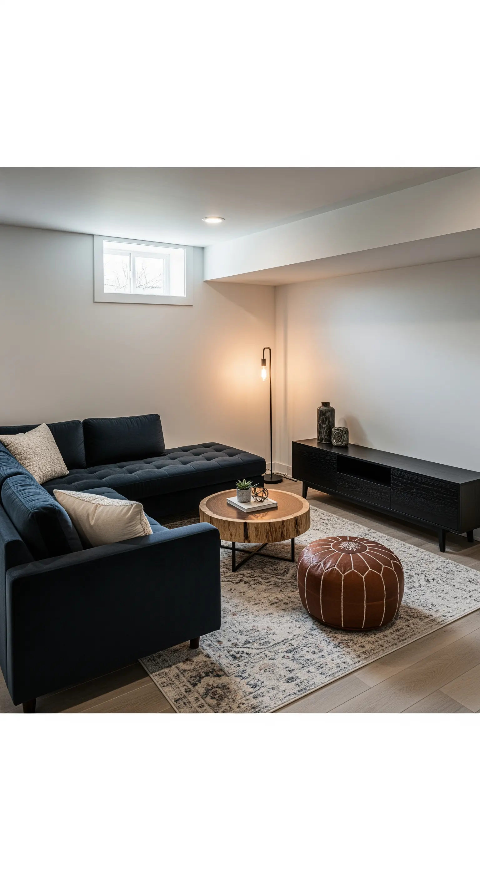 Gemütliches Keller-Wohnzimmer mit blauem Samtsofa, Holztisch und einem marokkanischen Lederpouf.