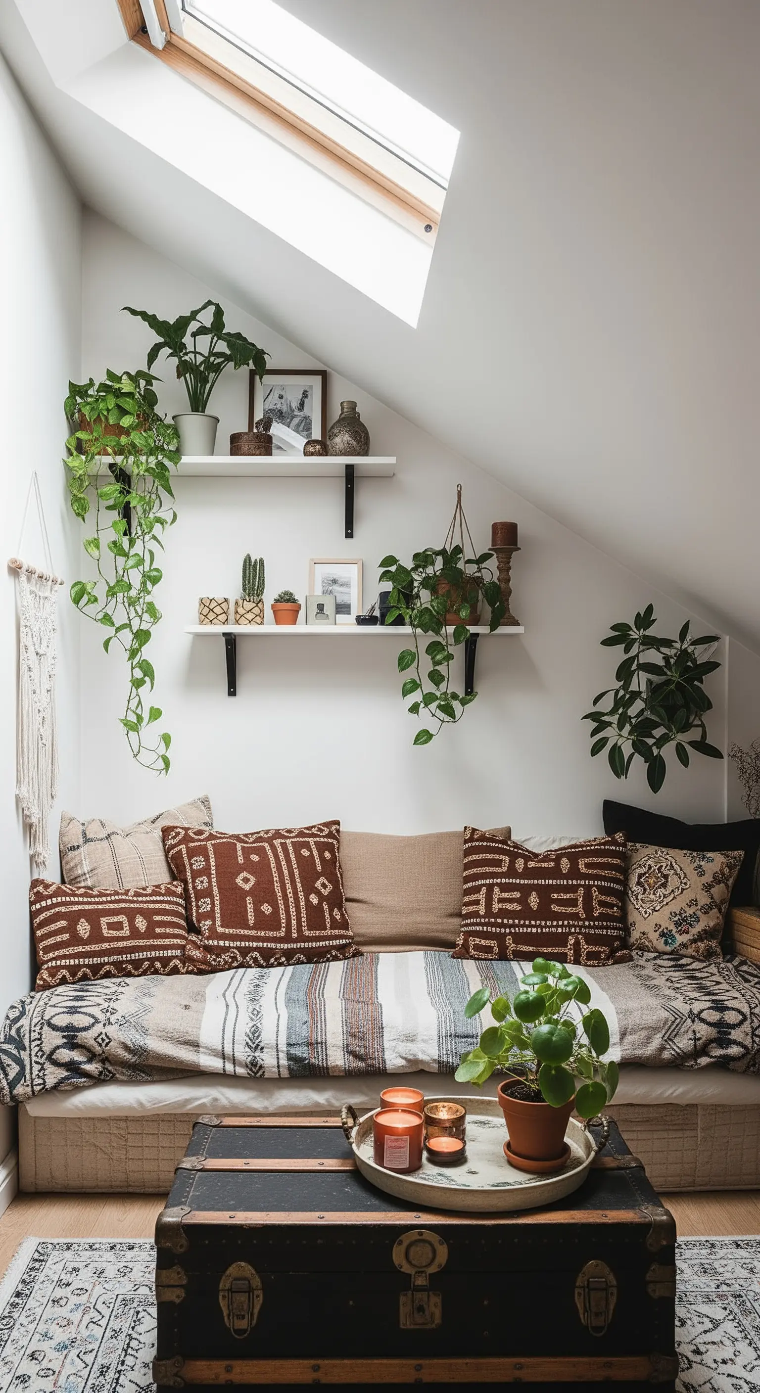 Eine gemütliche Sitzecke unter einer Dachschräge, dekoriert mit Regalen und Hängepflanzen.