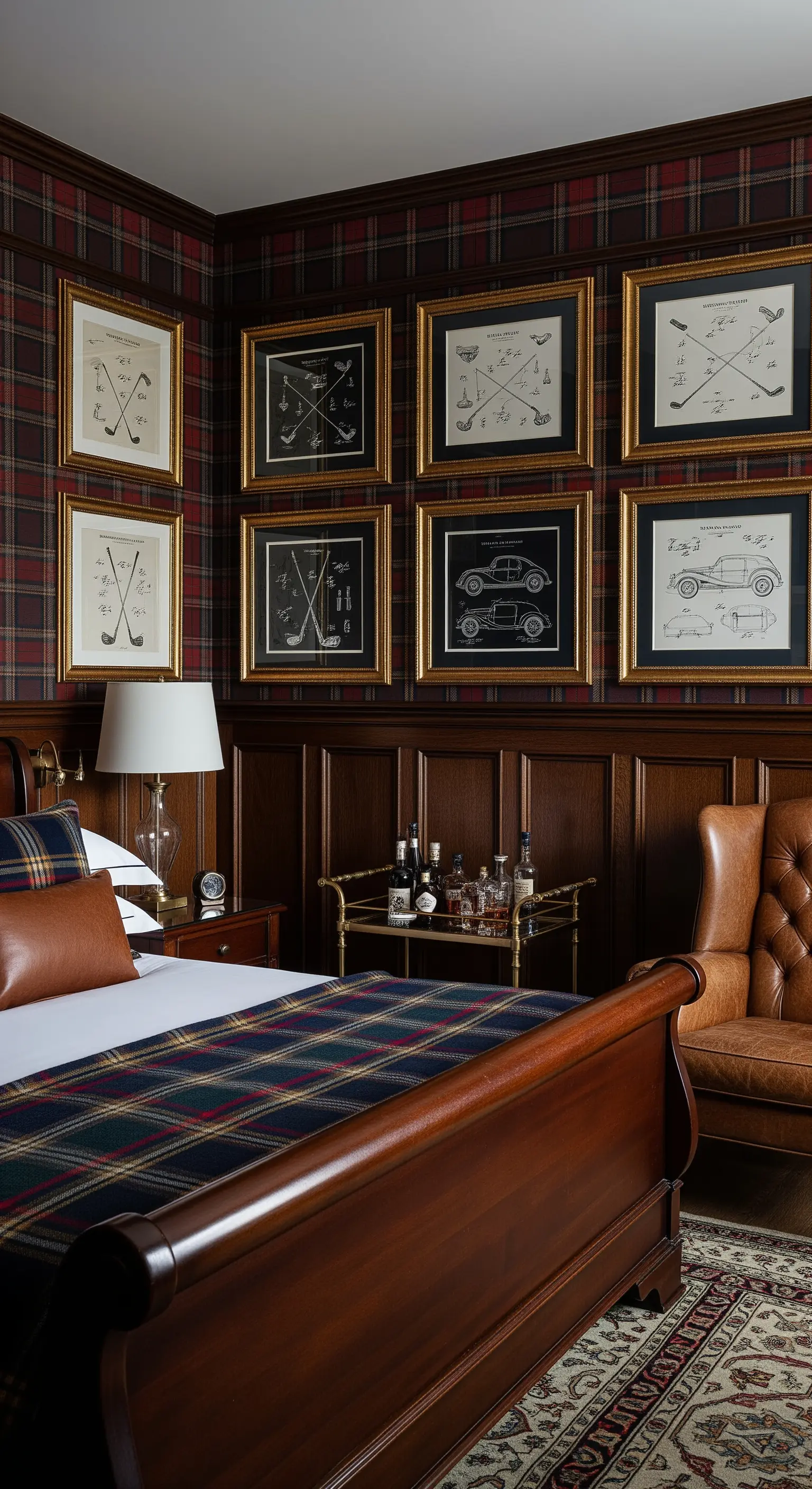 Maskulines Schlafzimmer im Club-Stil mit einer Galerie von Patentzeichnungen in Goldrahmen.