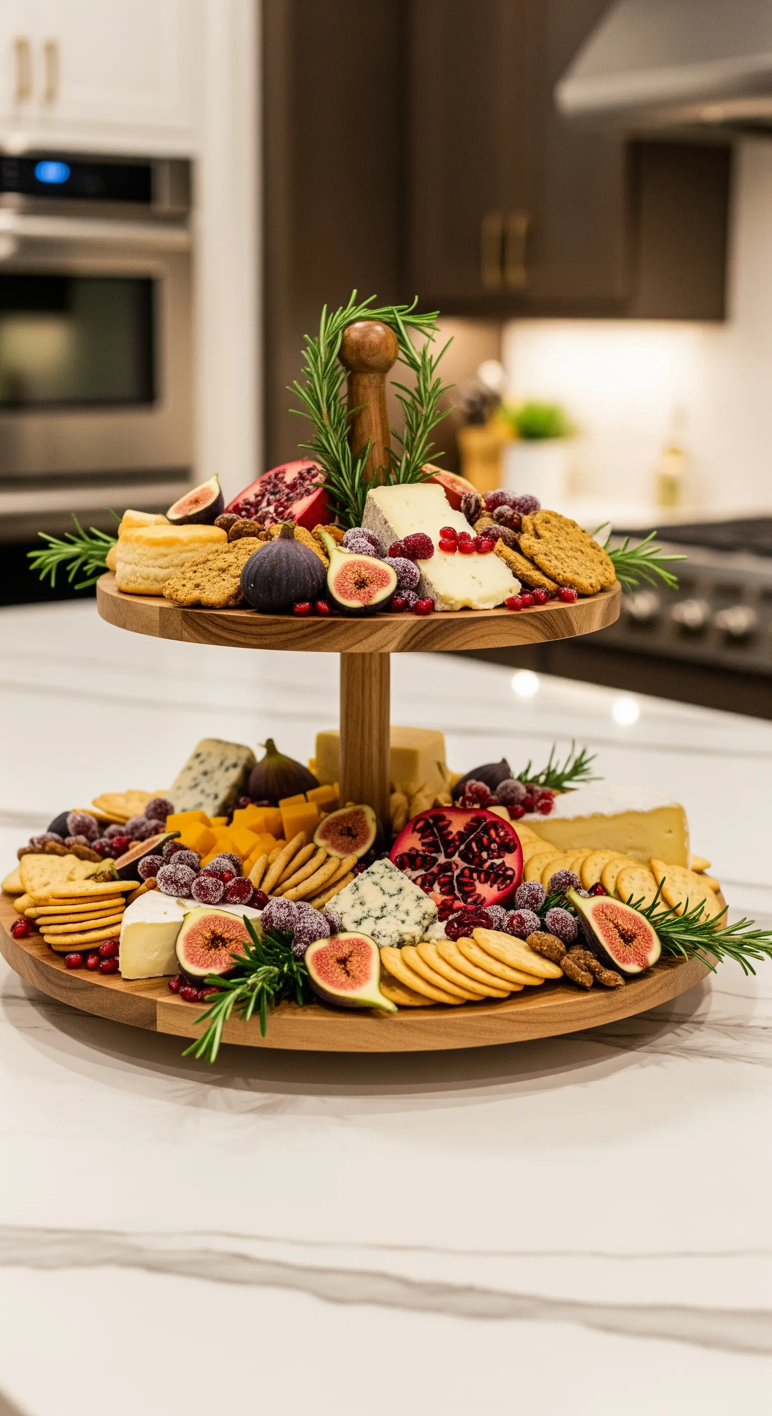 Drehbare Holz-Etagere als opulente Käseplatte mit Feigen, Granatapfel und Rosmarin.