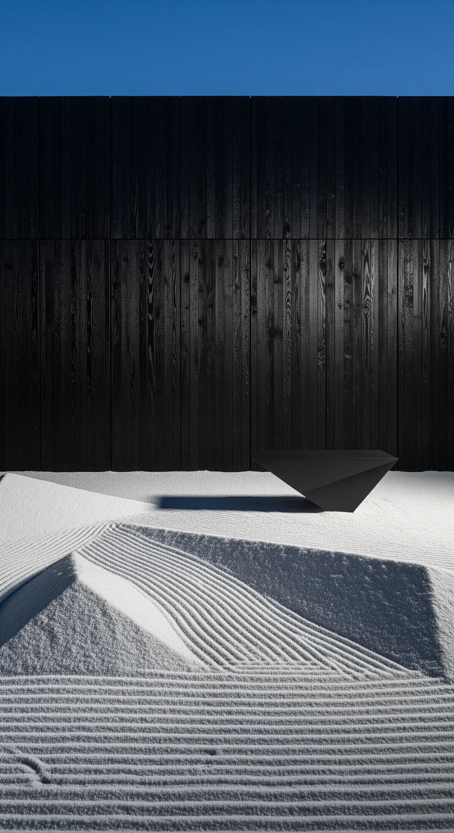 Moderner Sandgarten mit schwarzer Wand und geometrischer Skulptur.
