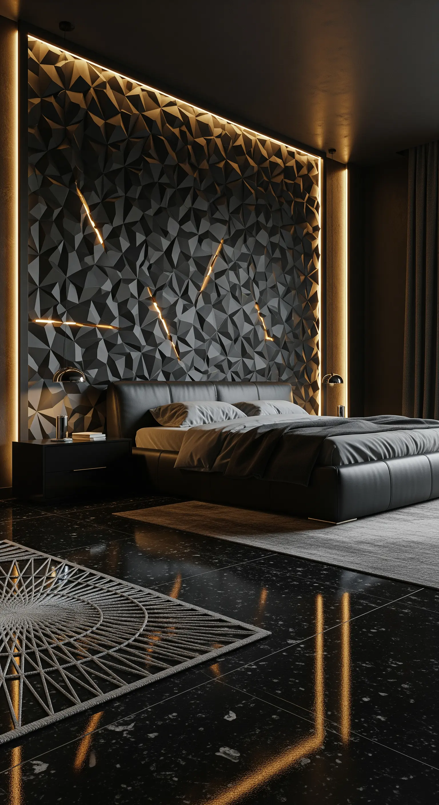 Schlafzimmer mit geometrischer 3D-Wand, LED-Lichtstreifen und schwarzem Lederbett