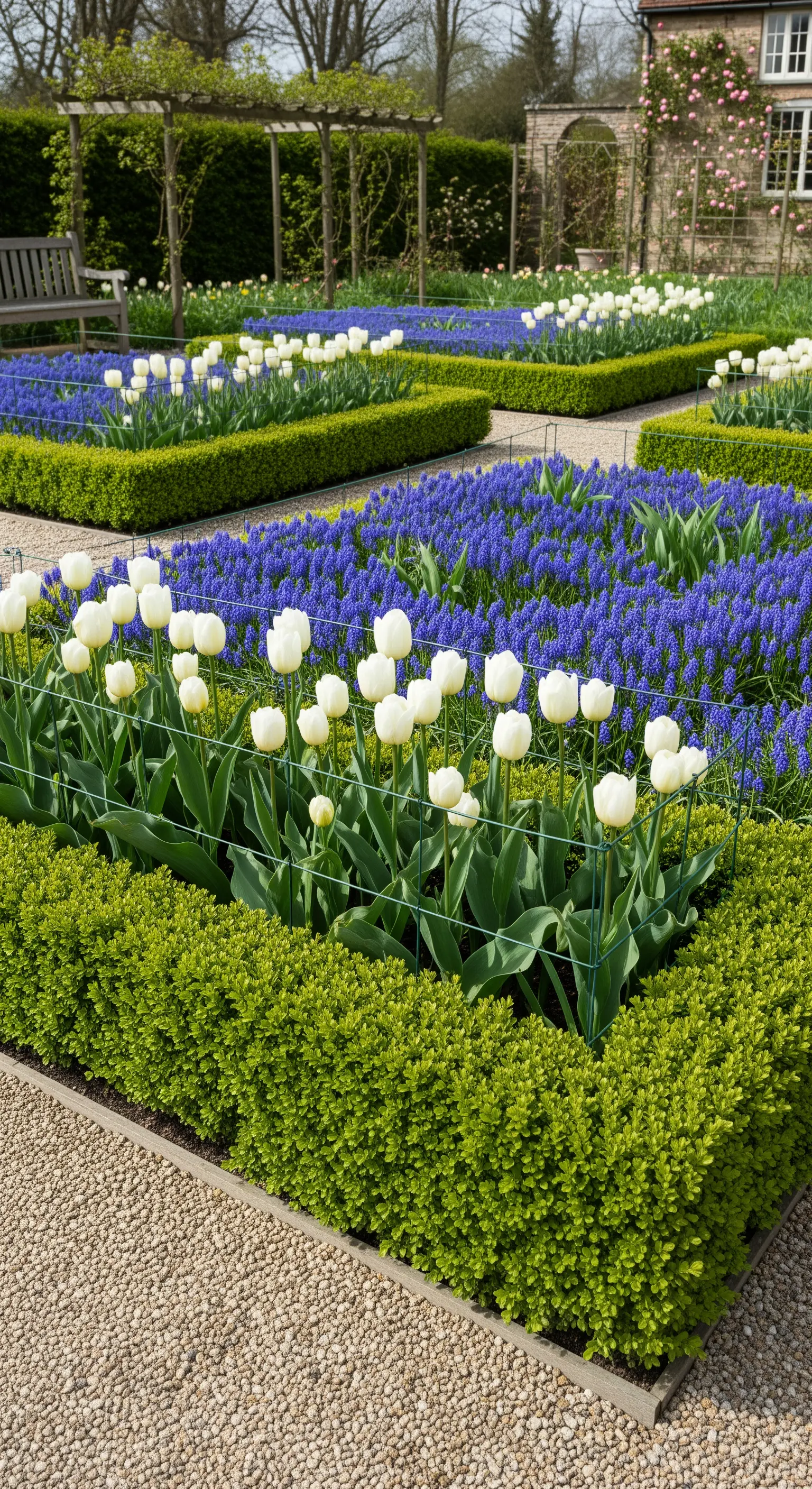 Geometrische Blumenbeete mit Buchsbaumhecken, weißen Tulpen und blauen Traubenhyazinthen