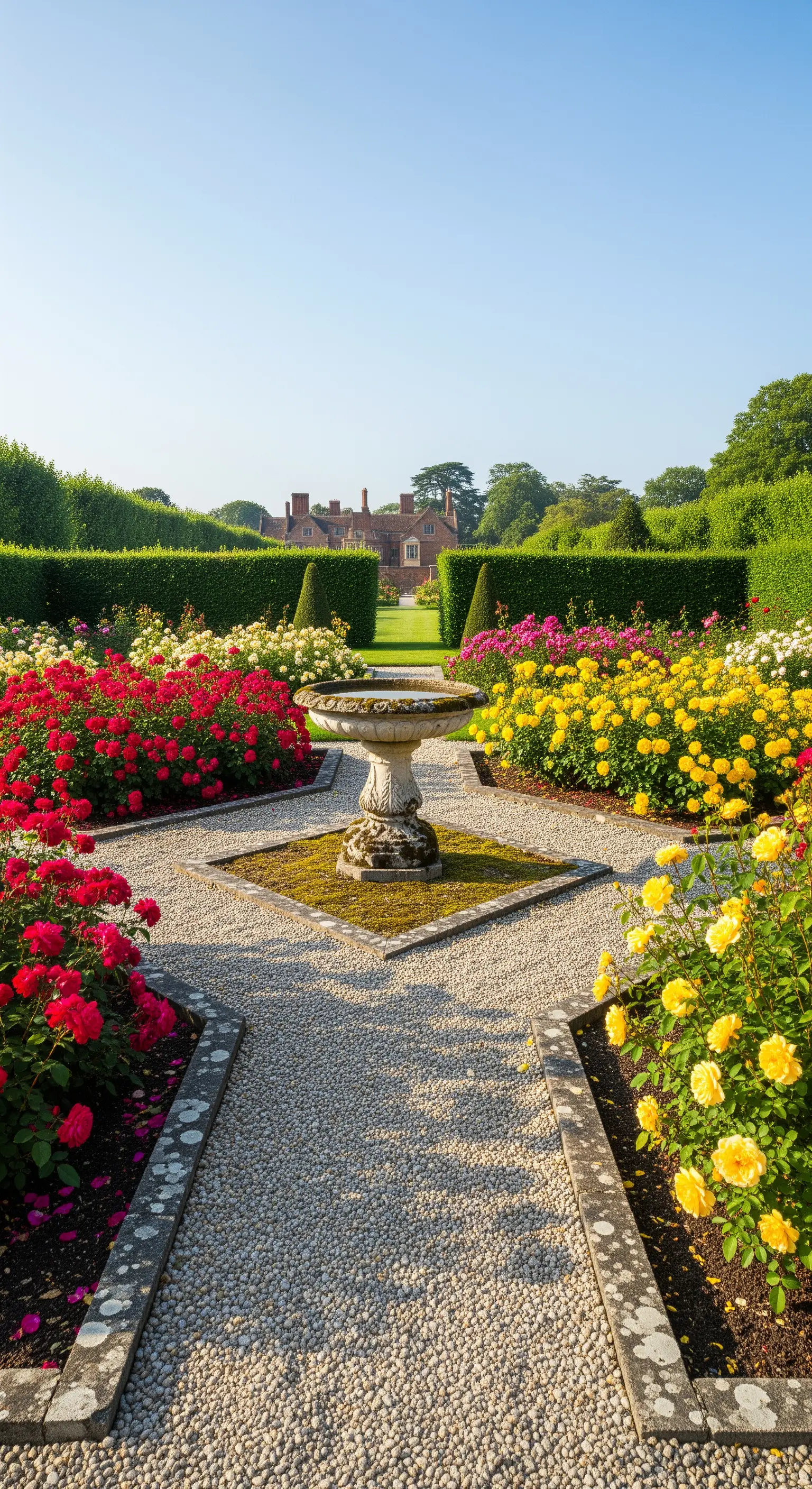 Vogeltränke mit Kieswegen und roten, gelben Rosenbeeten