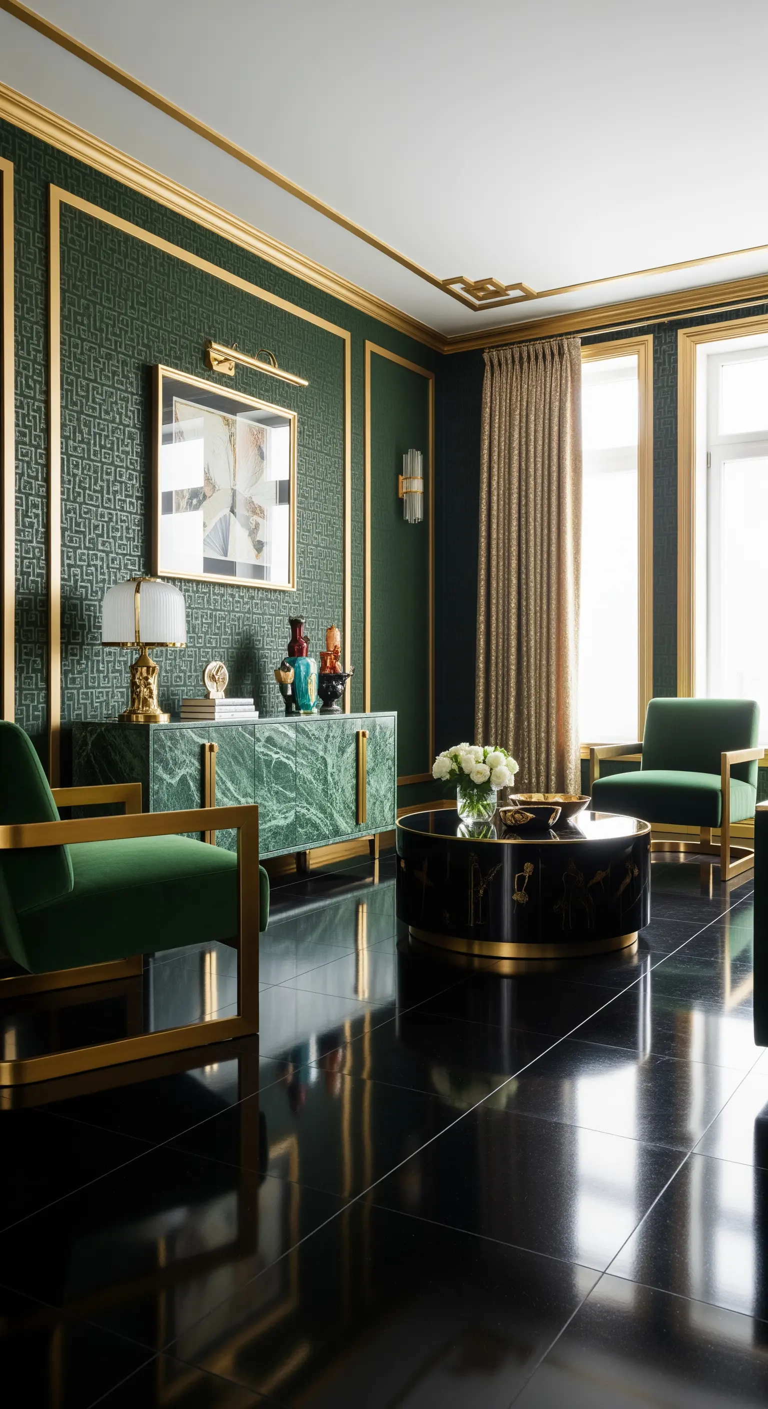 Grüne Tapete mit goldenen Zierleisten, Marmor-Sideboard, goldene Sesselrahmen