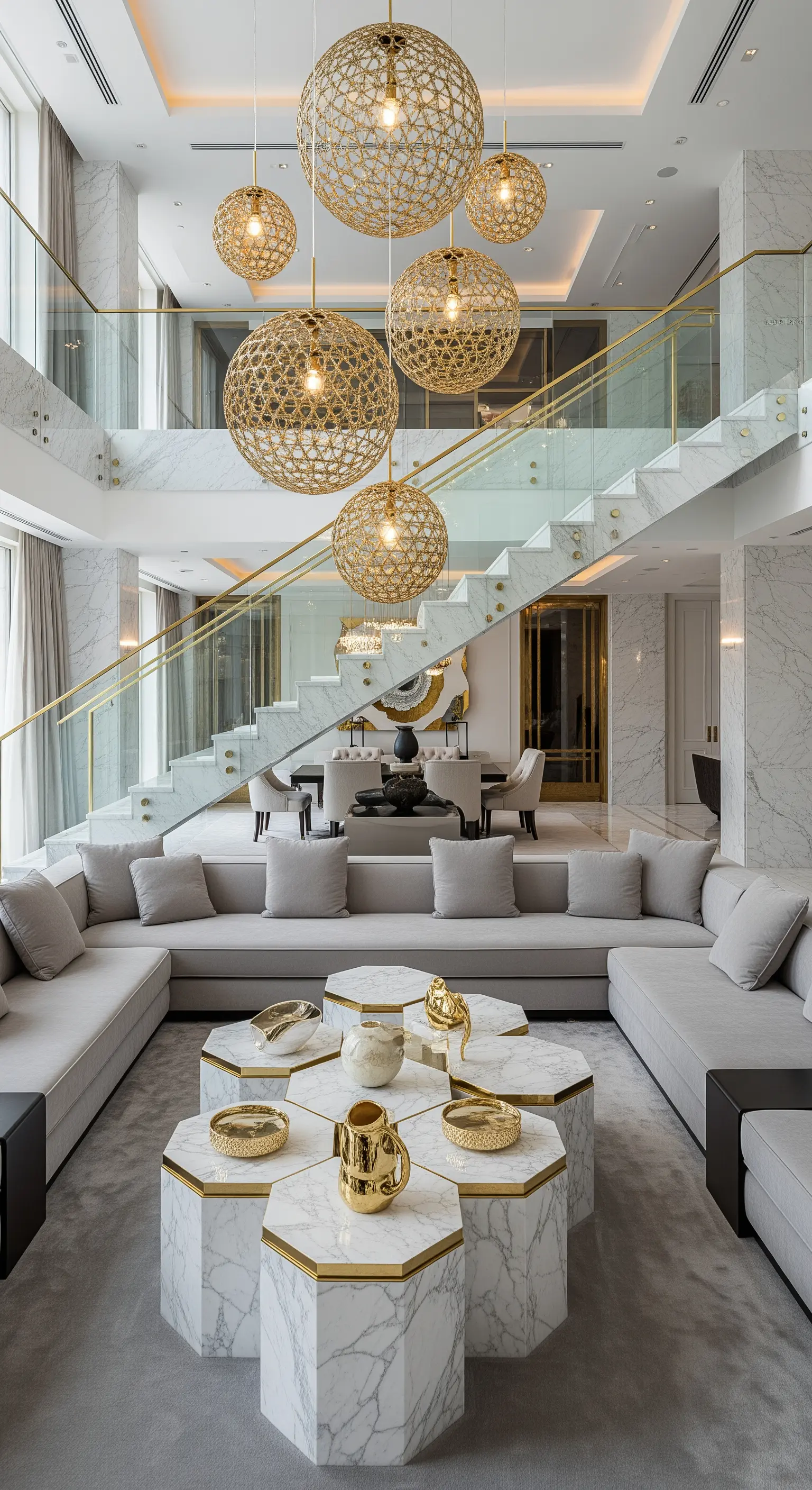Offenes Wohnzimmer mit Marmortreppe und hexagonalen Couchtischen.