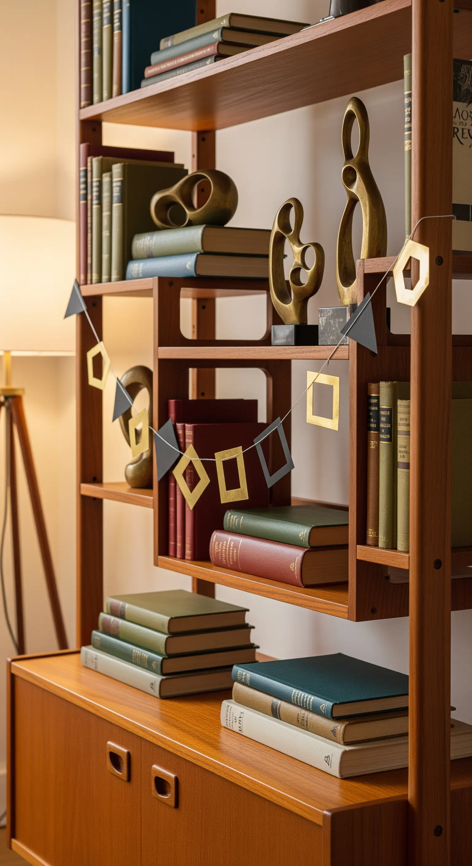 Bücherregal mit minimalistischer geometrischer Girlande in Schwarz und Gold