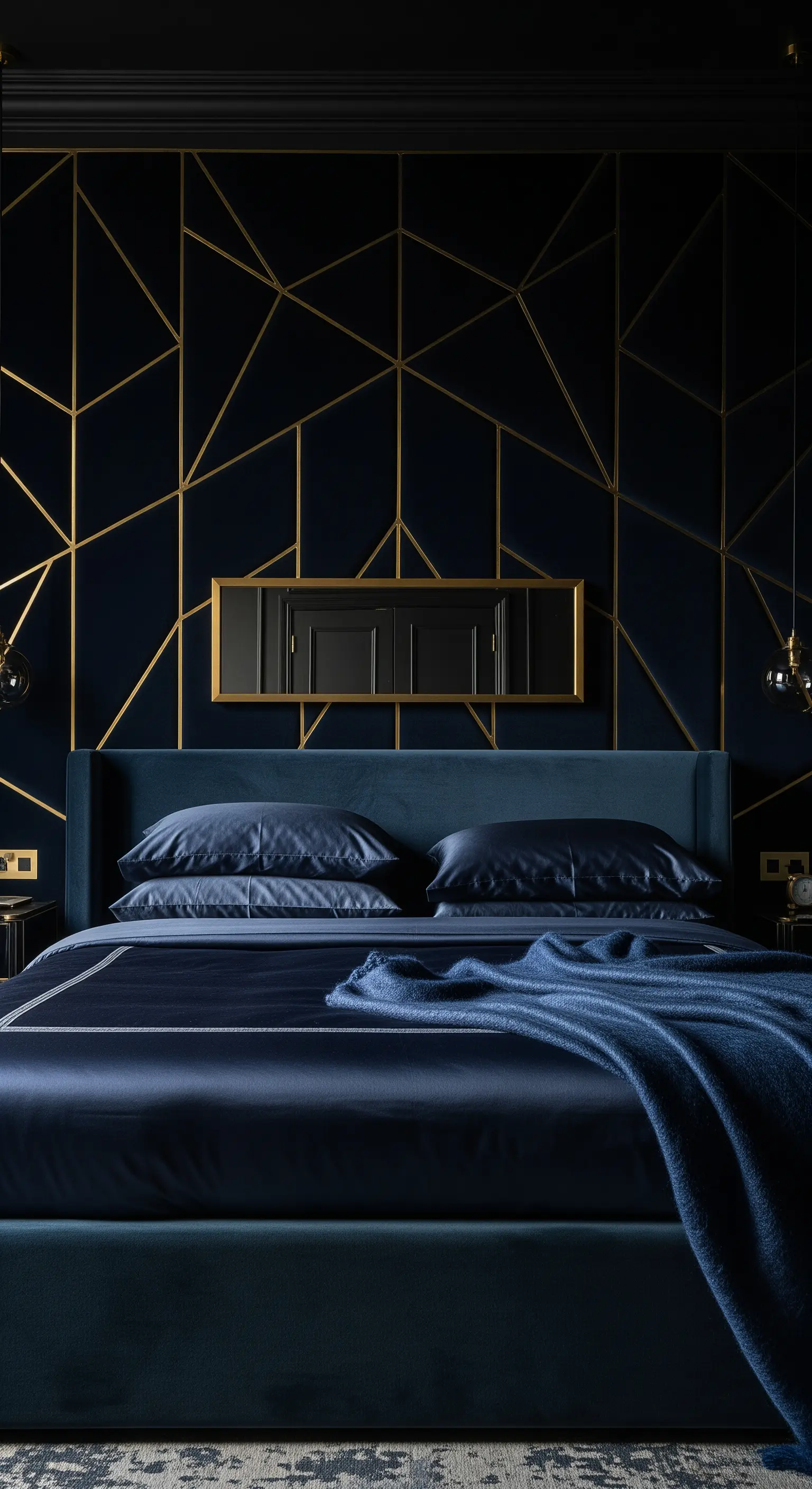 Nachtblaue Wand mit goldenen Geometrie-Linien