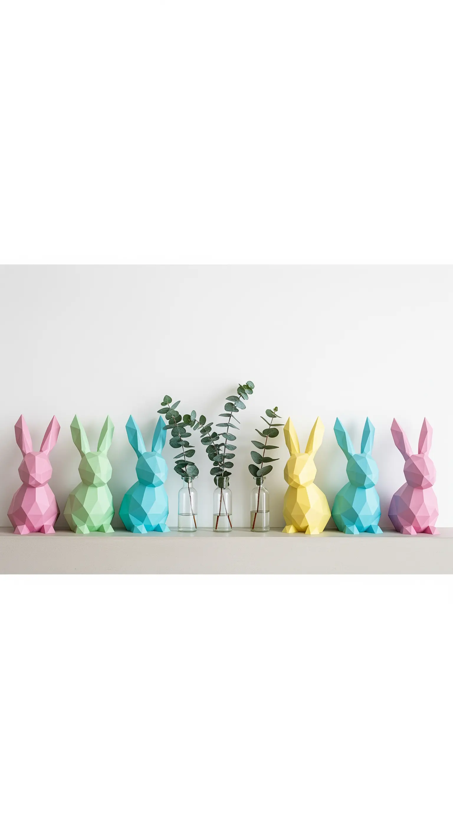 Pastellfarbene, geometrische Hasenfiguren mit Eukalyptus auf Regal