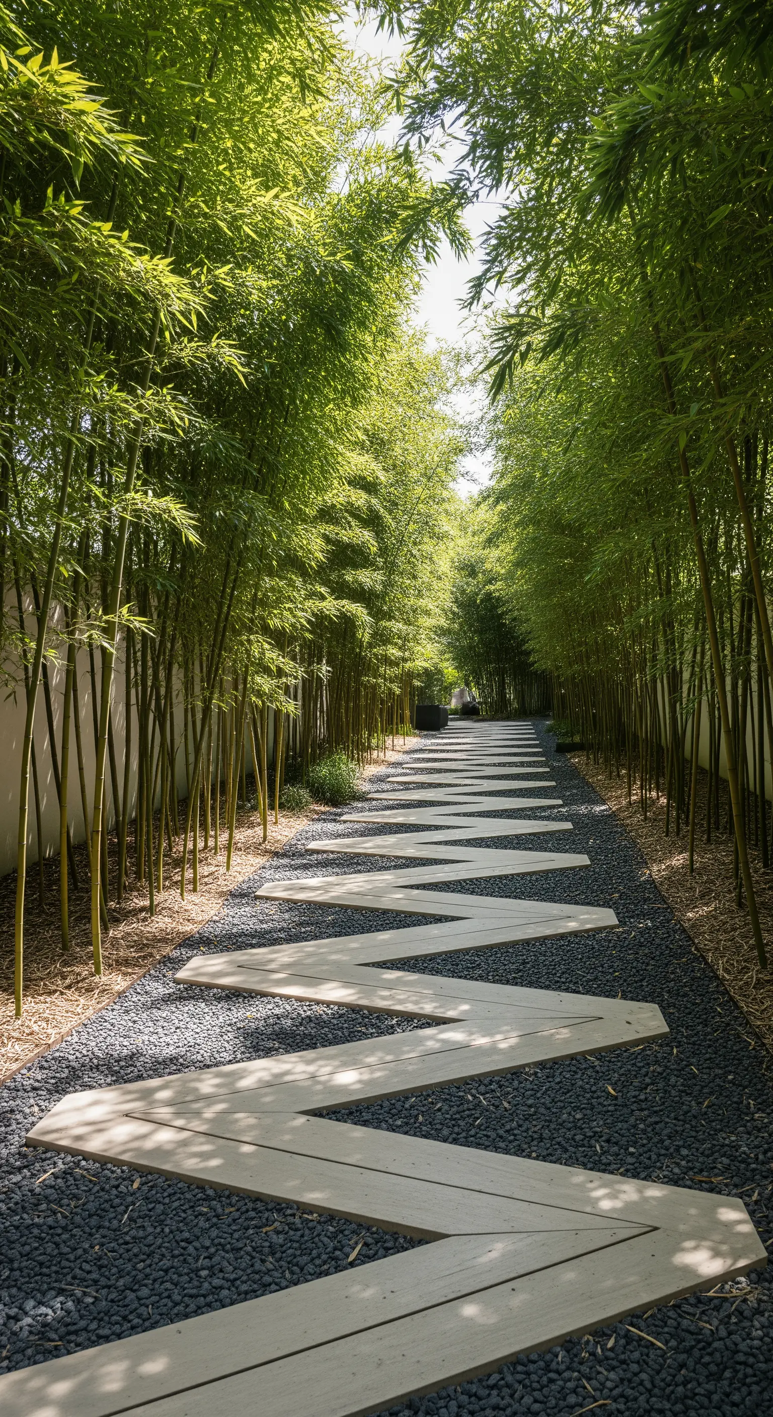 Zickzack-Holzweg auf dunklem Kiesbett, gesäumt von Bambus