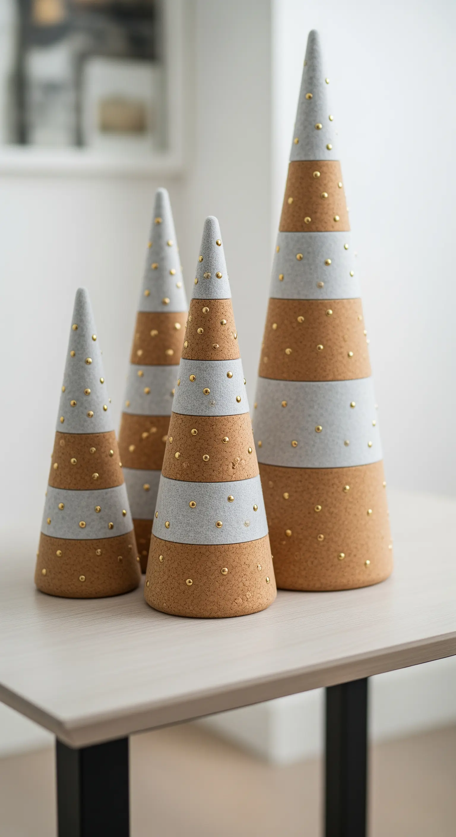 Dekorative Kegel in Grau, Kork und Goldnieten in verschiedenen Größen