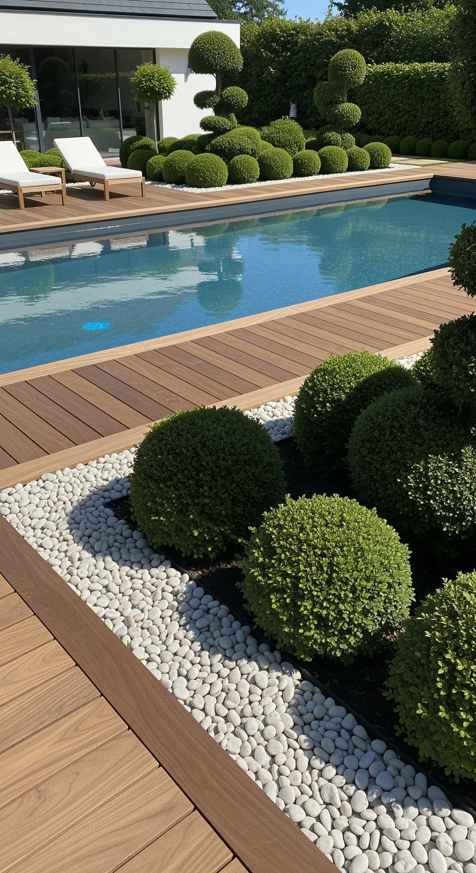 Dunkles Holzdeck, weiße Kieselbeete mit grünen Buchsbaum-Kugeln am Pool