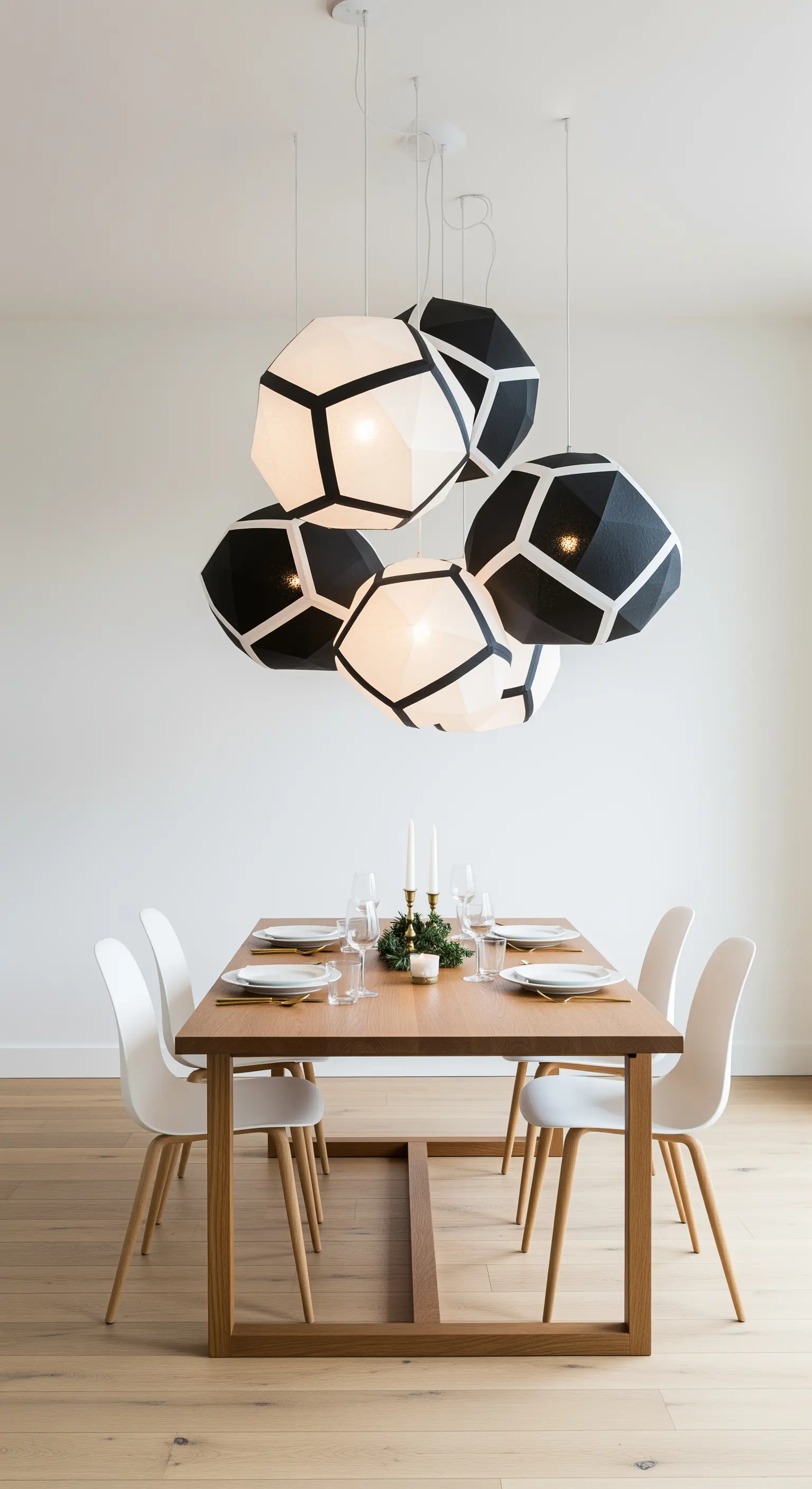 Moderne, geometrische Papierlampen in Schwarz-Weiß über einem minimalistischen Esstisch.