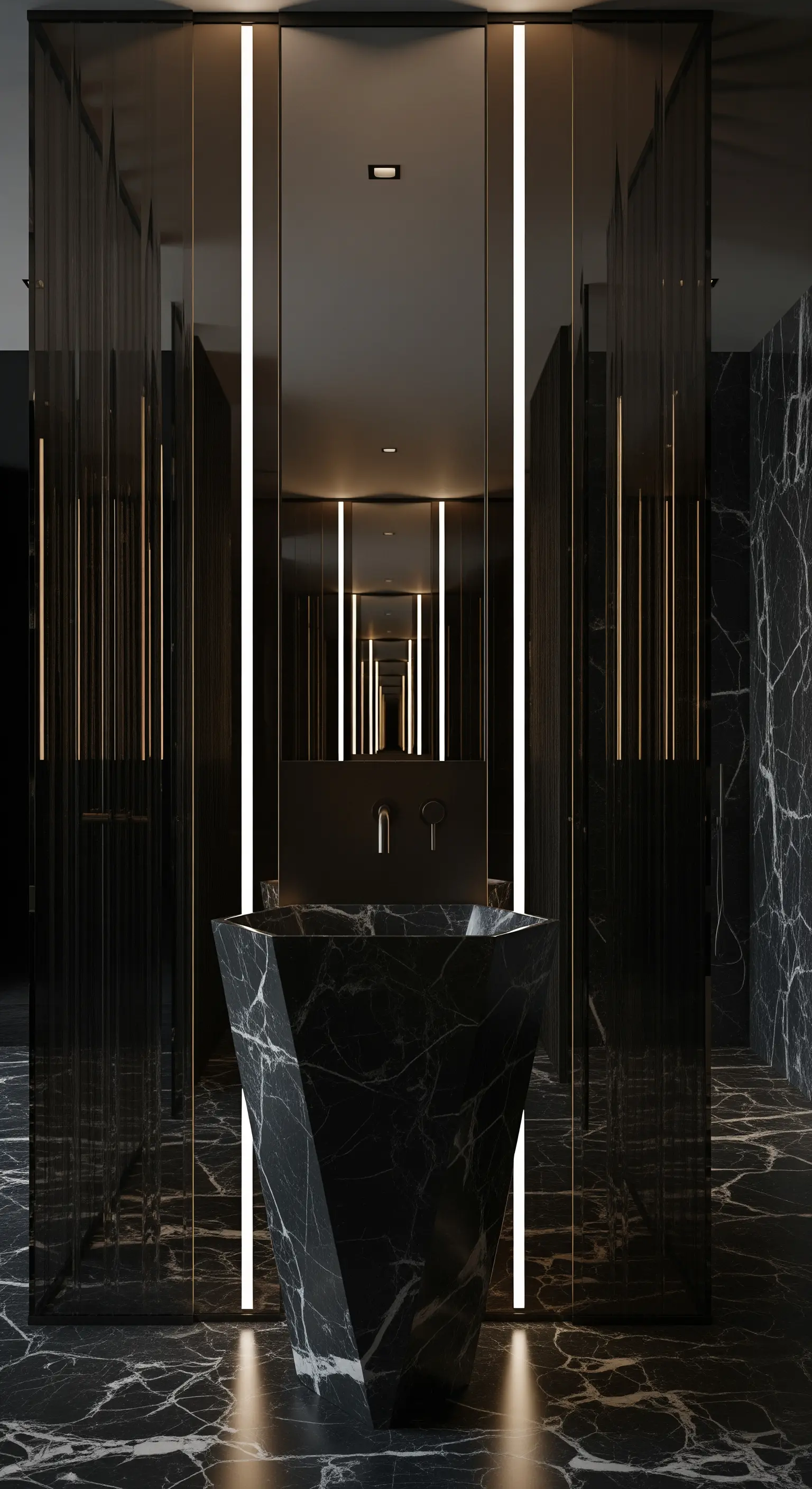 Schwarz-Marmor Bad, geometrisches Waschbecken, vertikale Lichtleisten und Spiegel