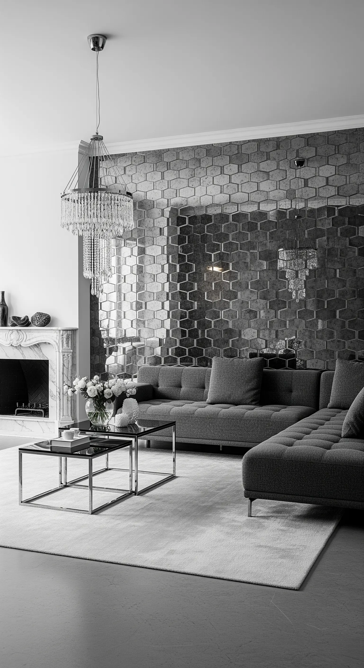 Wohnzimmer mit grauer Couch und einer facettierten Spiegelwand in Rauchglas-Optik.