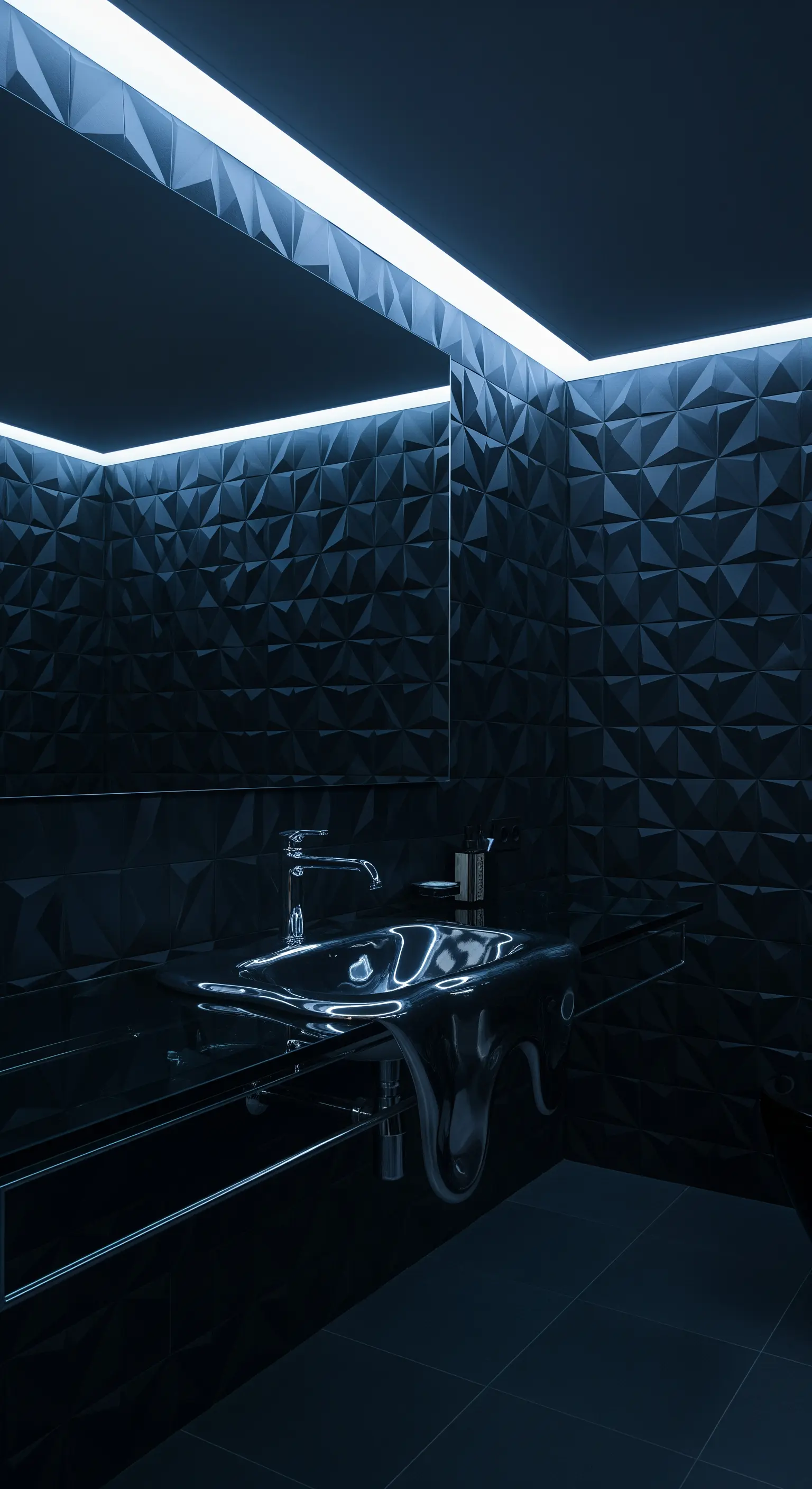 Dunkles Bad mit geometrischen Wandpaneelen, blauem LED-Licht und glänzendem Waschbecken
