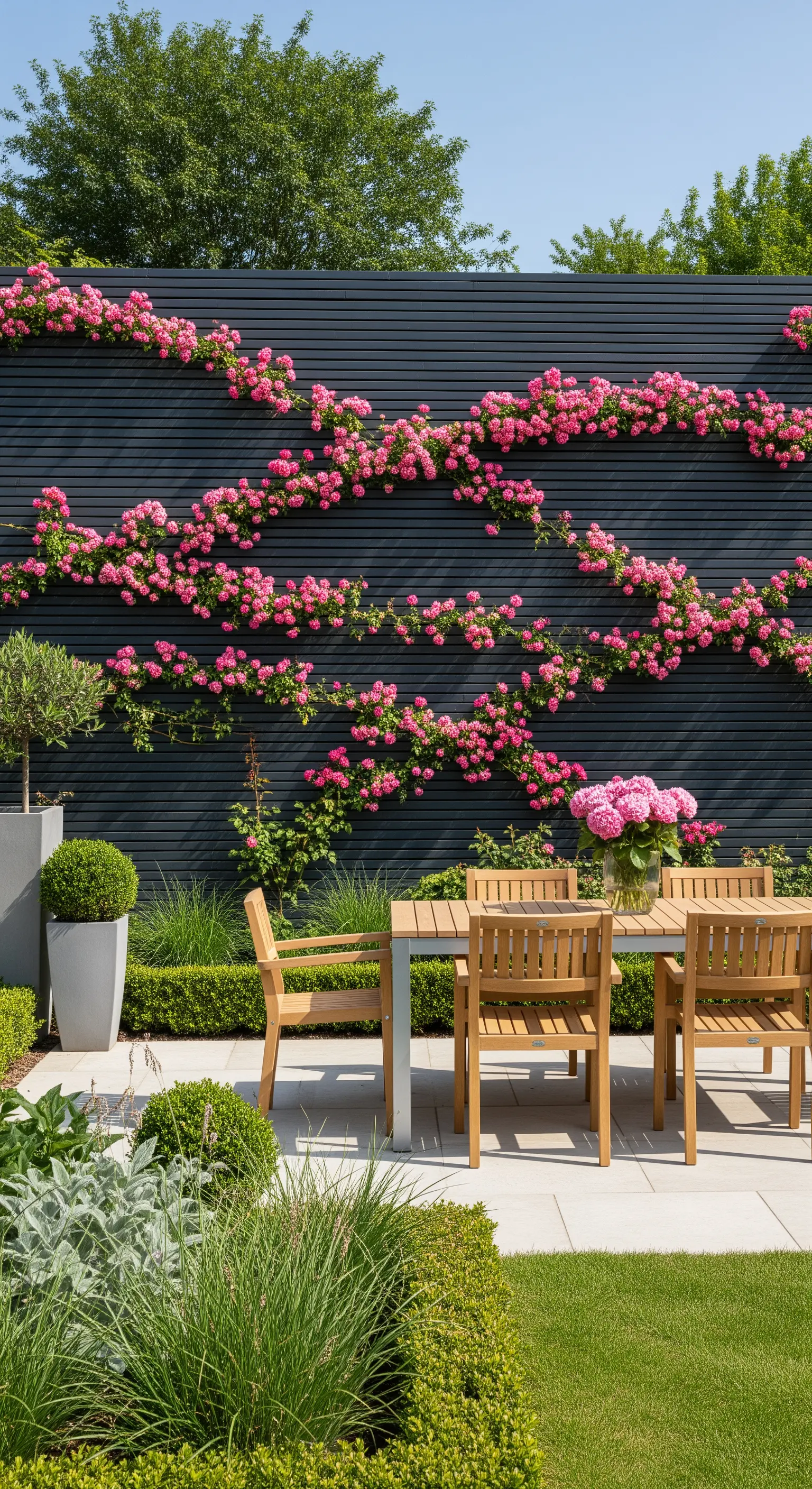 Horizontale Kletterrosen, Lamellenwand, moderne Gartengestaltung, rosa Rosen, Outdoor-Essbereich