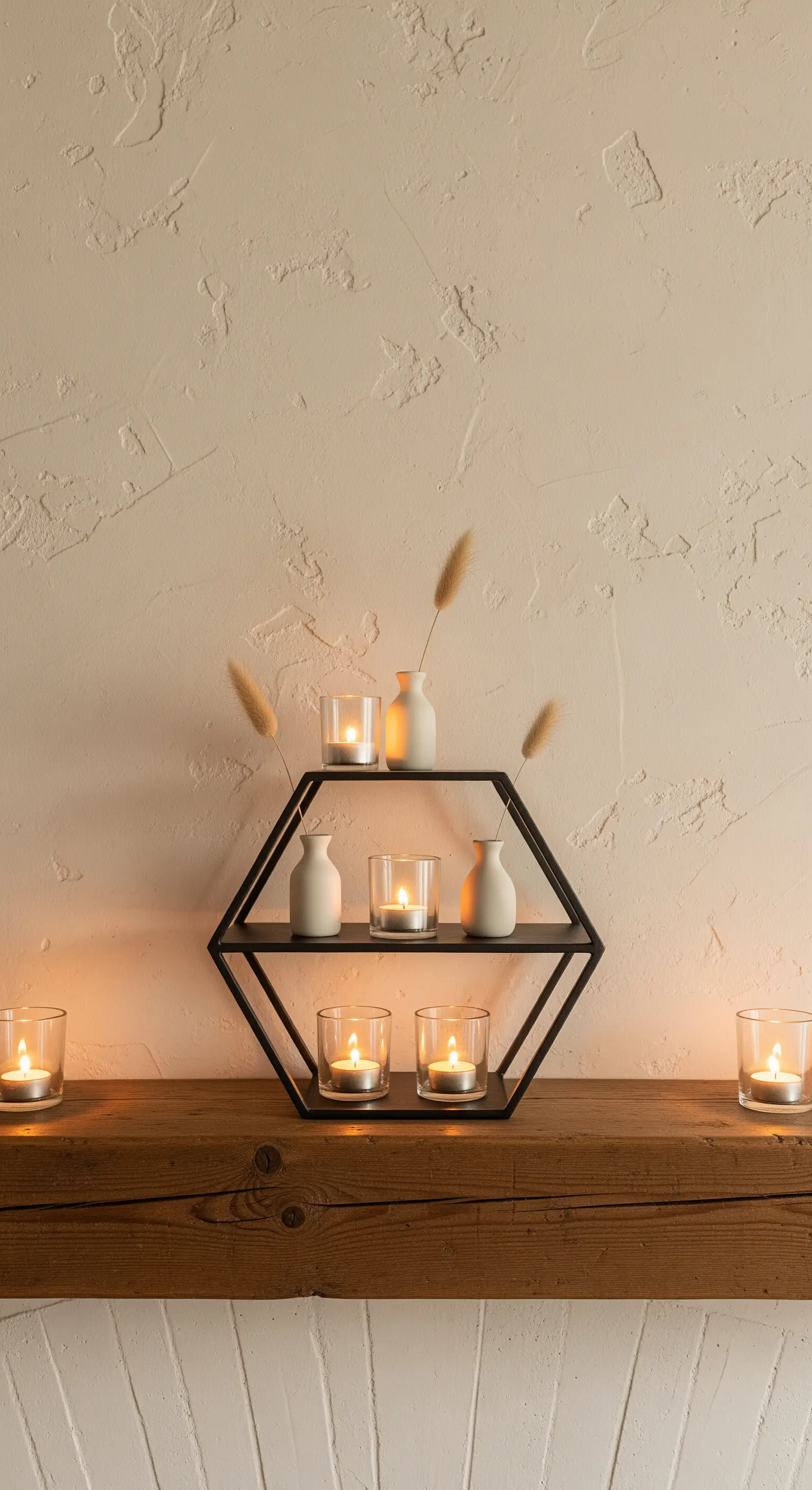 Hexagonale schwarze Etagere mit Teelicht und Trockenblume